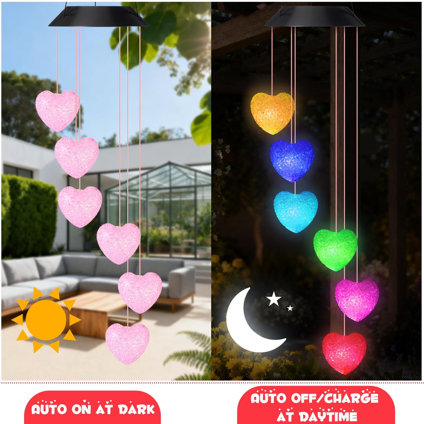 Glooglitter 2 Pcs Heart Solar Wind Chime Gift for Women Mom Grandma Sister Ideal Gift Mother's Day Decoration for Garden Patio Yard, Romantic Night Light Home Decor(Pink Heart)