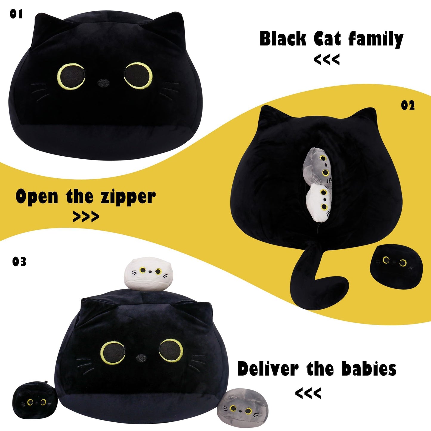 WeBingo Black Cat Plush Toy 4-Piece Set, 16'' Giant Cat Stuffed Animal Plushies Pillow with 3 Babies for Girl Boy Kid Adult, Large Big Soft Gift for Birthday Christmas Valentine's Day Home Decor