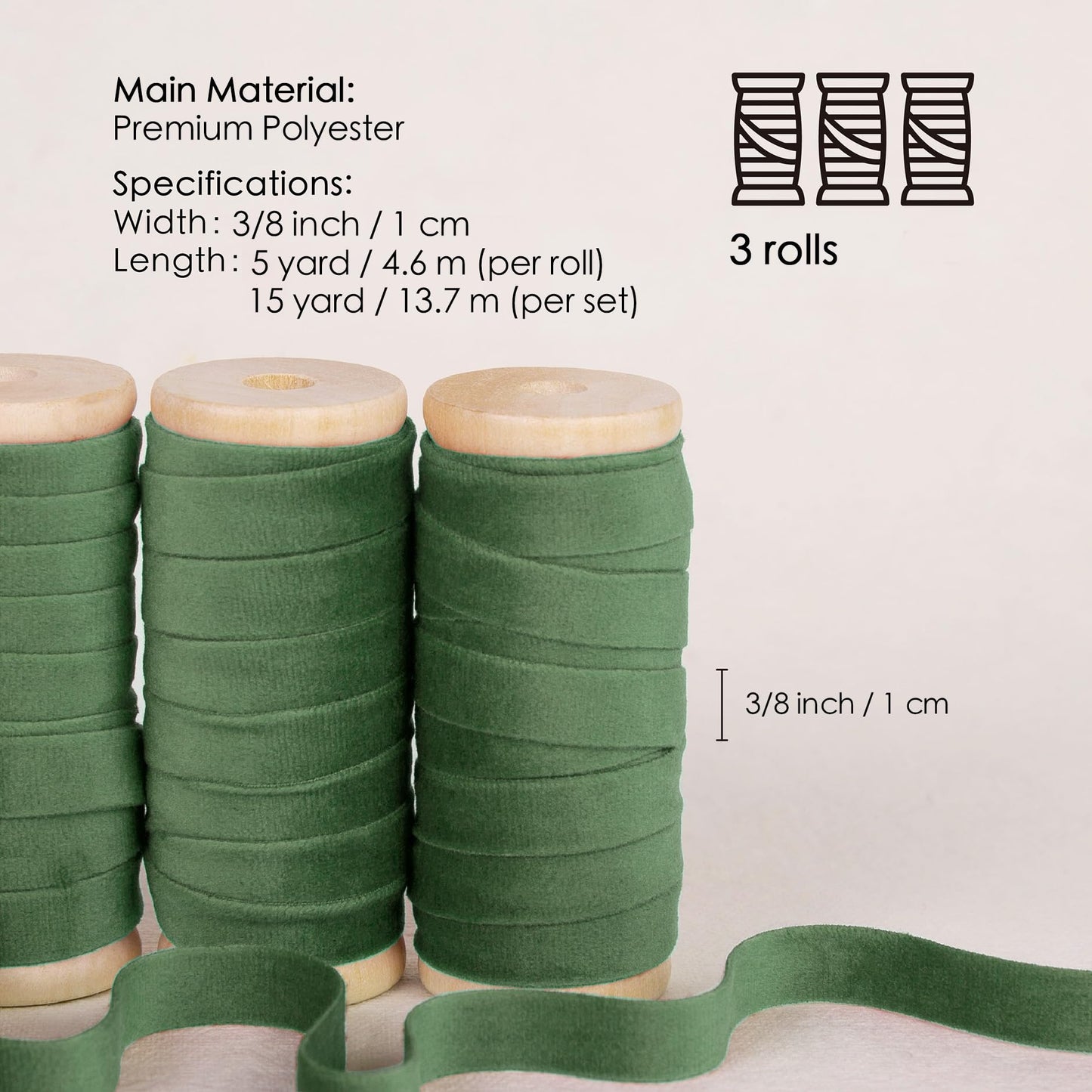 Vitalizart Green Velvet Ribbon Set 3/8" x 15 Yd Wooden Spool Fabric Trim 3 Rolls * 5 Yd for Christmas Wreath Decoration Handmade Craft Ornaments Gift Wrapping & Bow Making
