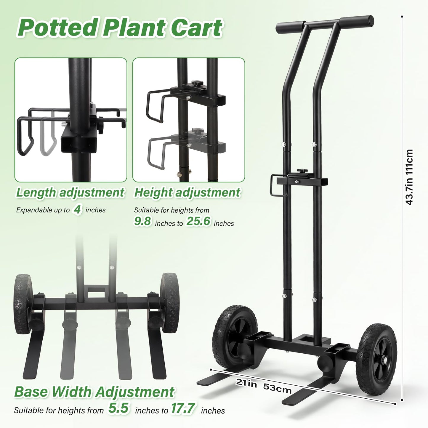 Adjustable Plant Caddy with Wheels, Heavy Duty Plant Dolly Cart w/Grab Arm and Strap Dual Protection, Garden Potted Plant Mover Dolly for Planter Flower Pots Indoor Outdoor, Supports 175lbs, Black