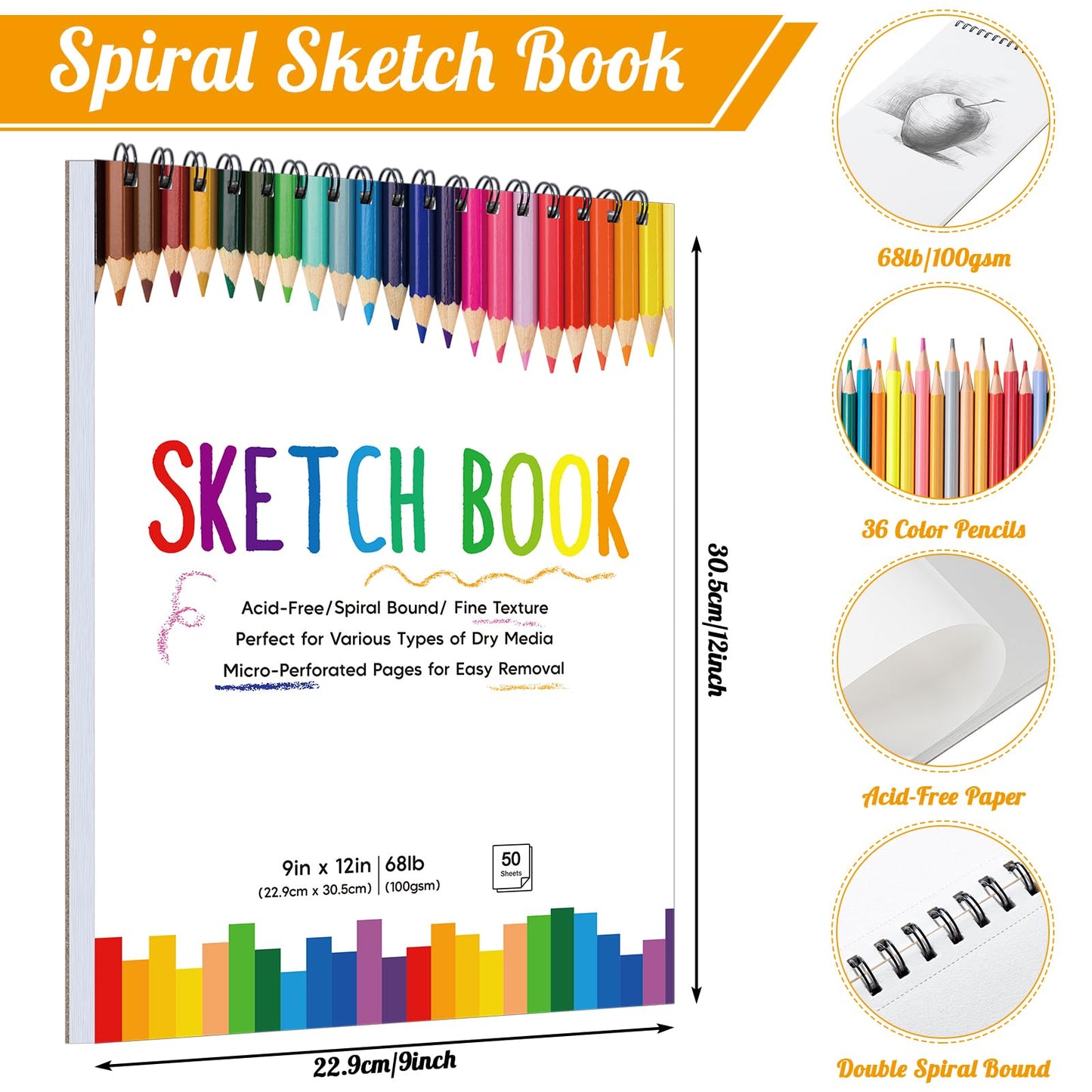 2 Pack Sketch Book with 36 Color Pencil Set, Spiral Kids Sketchbook for Drawing (68lb/100gsm), Acid-Free Sketch Pad for Kids Artist, Art Paper Drawing Supplies for Gifts (9×12 inch)