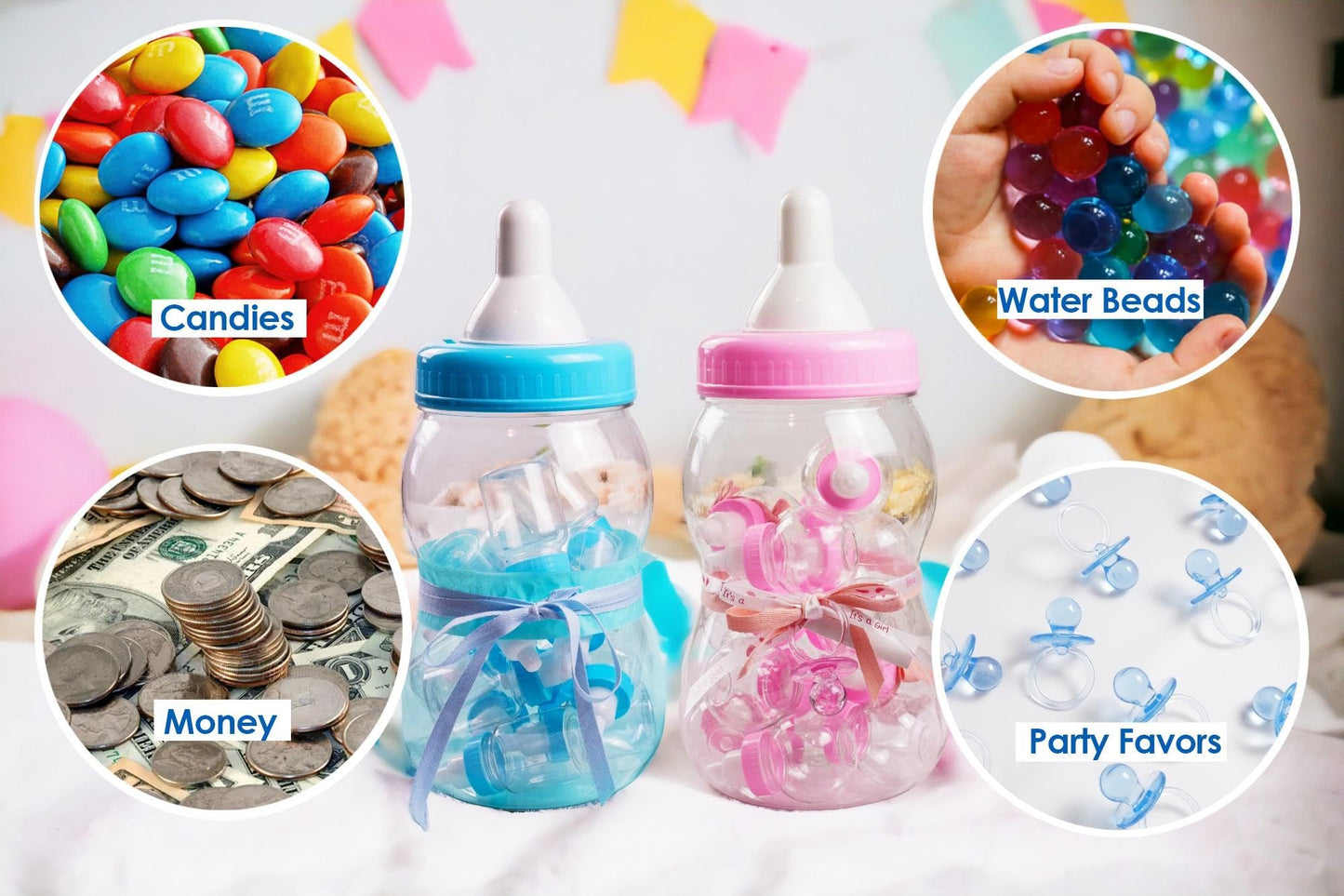 Evershine Plastic Baby Bottle Bank, 13" Blue Fillable Baby Shower Bank, Plastic Jumbo Baby Favor Bottle Centerpiece