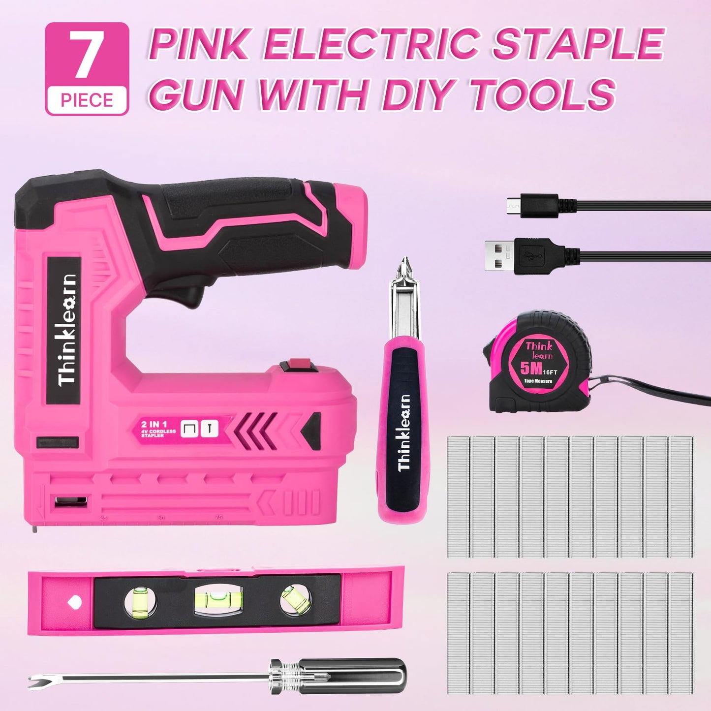 Pink Electric Staple Gun, 7PCS 2 in 1 Cordless Stapler Nail Gun Set with 3300pcs Staples Nails, 4V Brad Nailer Tacker for Upholstery, Wood, Carpentry, Crafts, DIY, Brad Nailer Kit with USB Charger