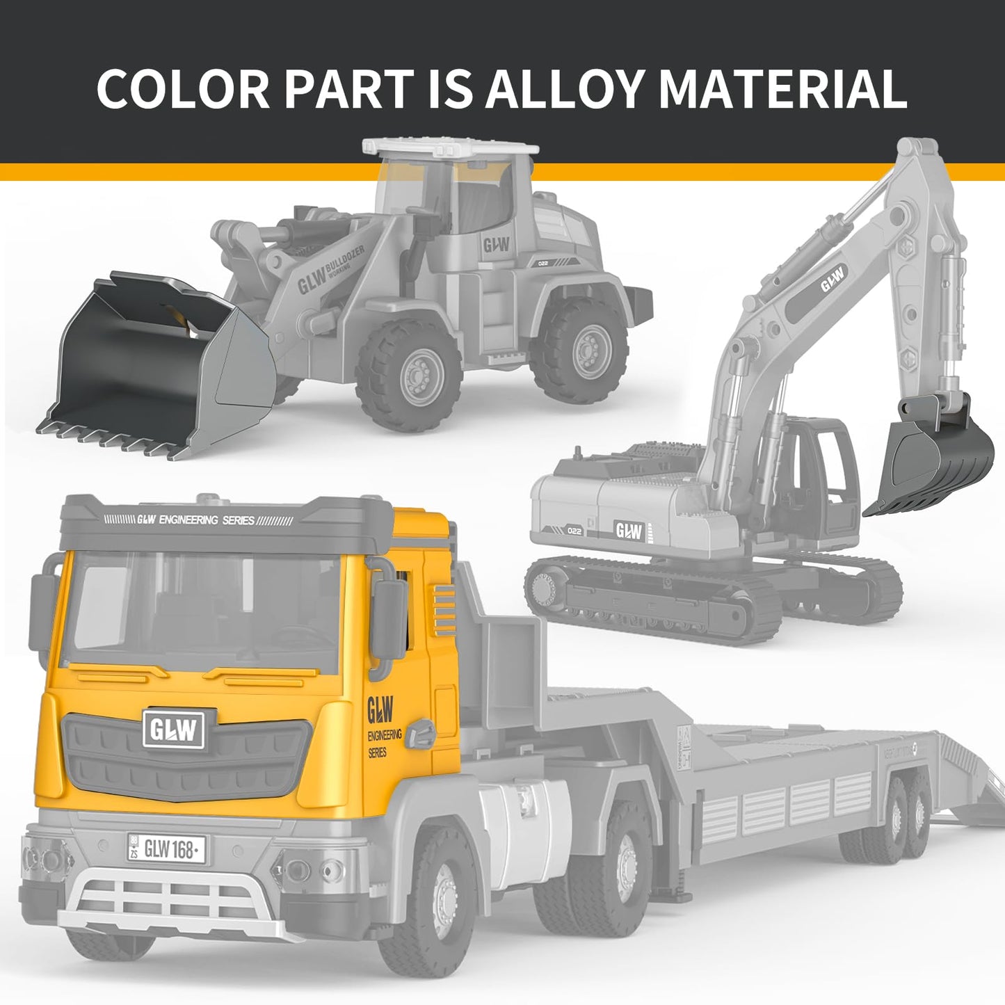 Pupu Pig Kids Toys for 3 4 5 6 7 Years Old Boys, Die-cast Construction Toys Set w/Semi Truck, Excavator, Bulldozer, Alloy Engineering Construction Vehicles Truck Toys w/Lights & Sounds, Model Cars