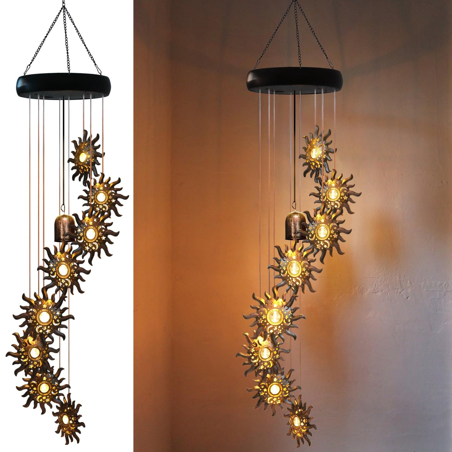 8 LED Solar Upgarde Sun Moon Star Wind Chimes Outdoor,Mom Gifts for Mothers Day Grandma Gift Sun Wind Chimes for Outside,Hanging Lights Warm LED,Outdoor Sun Decor,Gifts for Wife