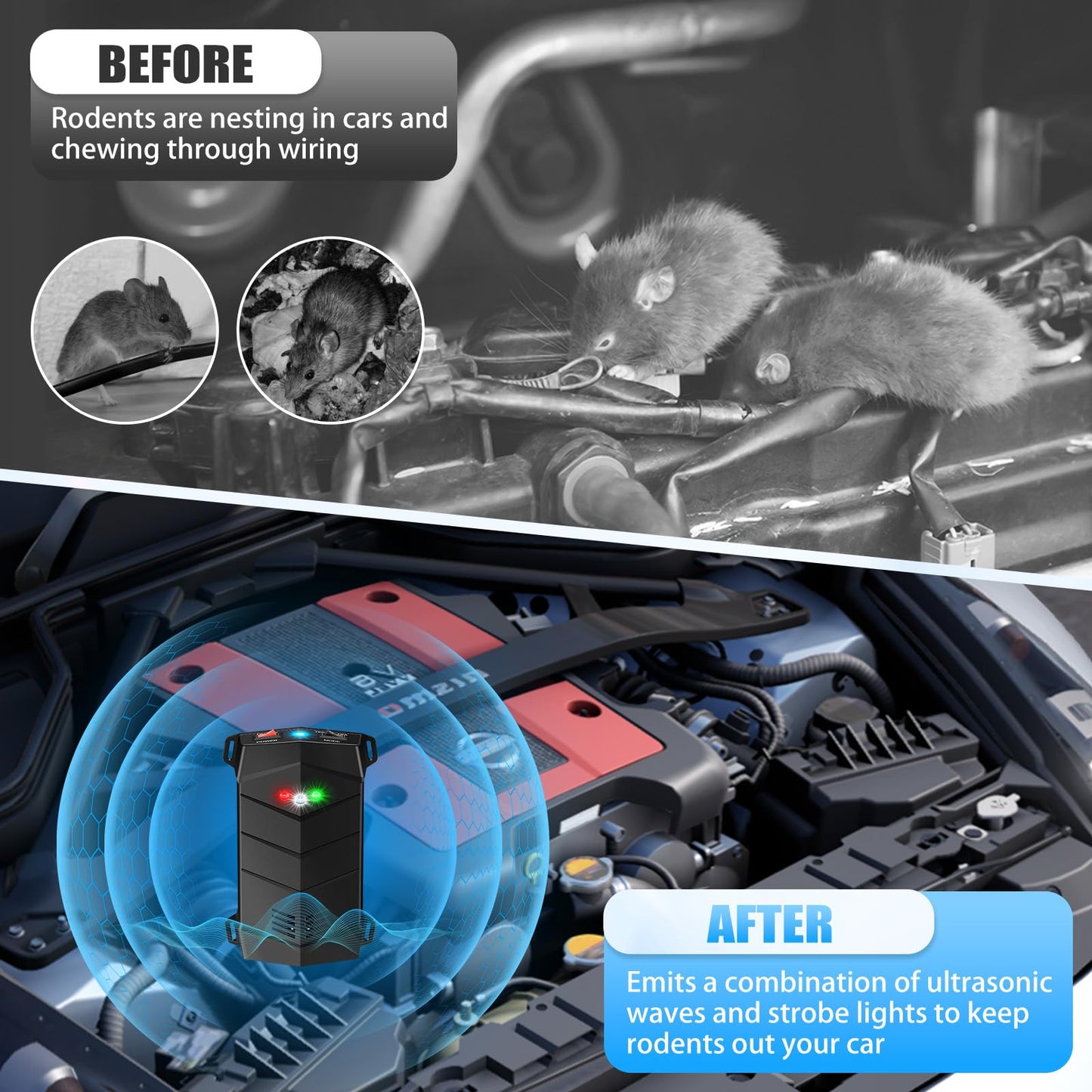 Rodent Repellent for Car Engines, Pest Mouse Bat Squirrel Repellent, Variable Frequency Ultrasonic&LED Strobe Lights, Keep Mice Away from Vehicle Indoor Outdoor Room(2-Pack)