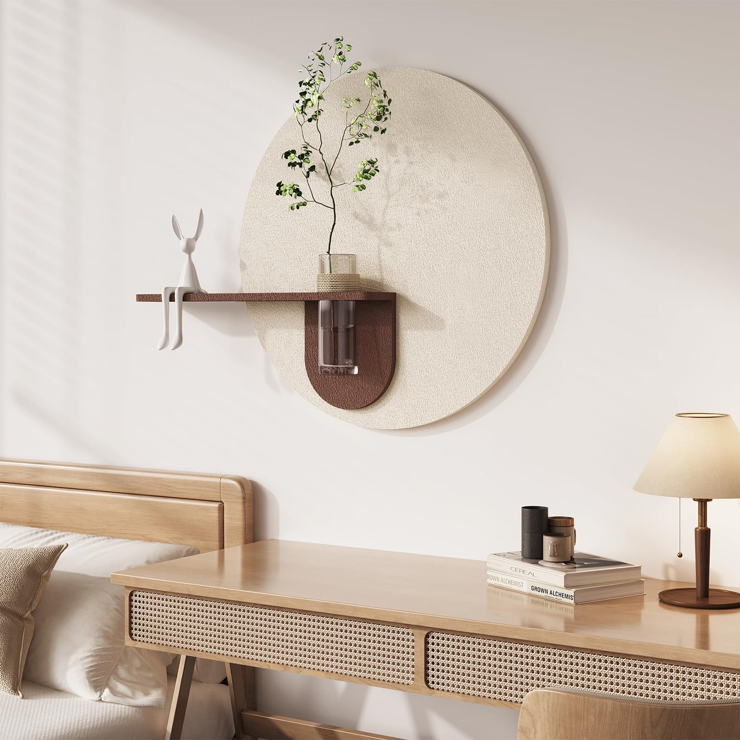 3D Textured Neutral Round Wall Art with Vase, Modern Minimalist Painting Artwork for Walls, Cream Geometric Circle Picture Wall Decor for Living Room, Hallway, Dining Room, Bedroom, Office, 24x31 Inch