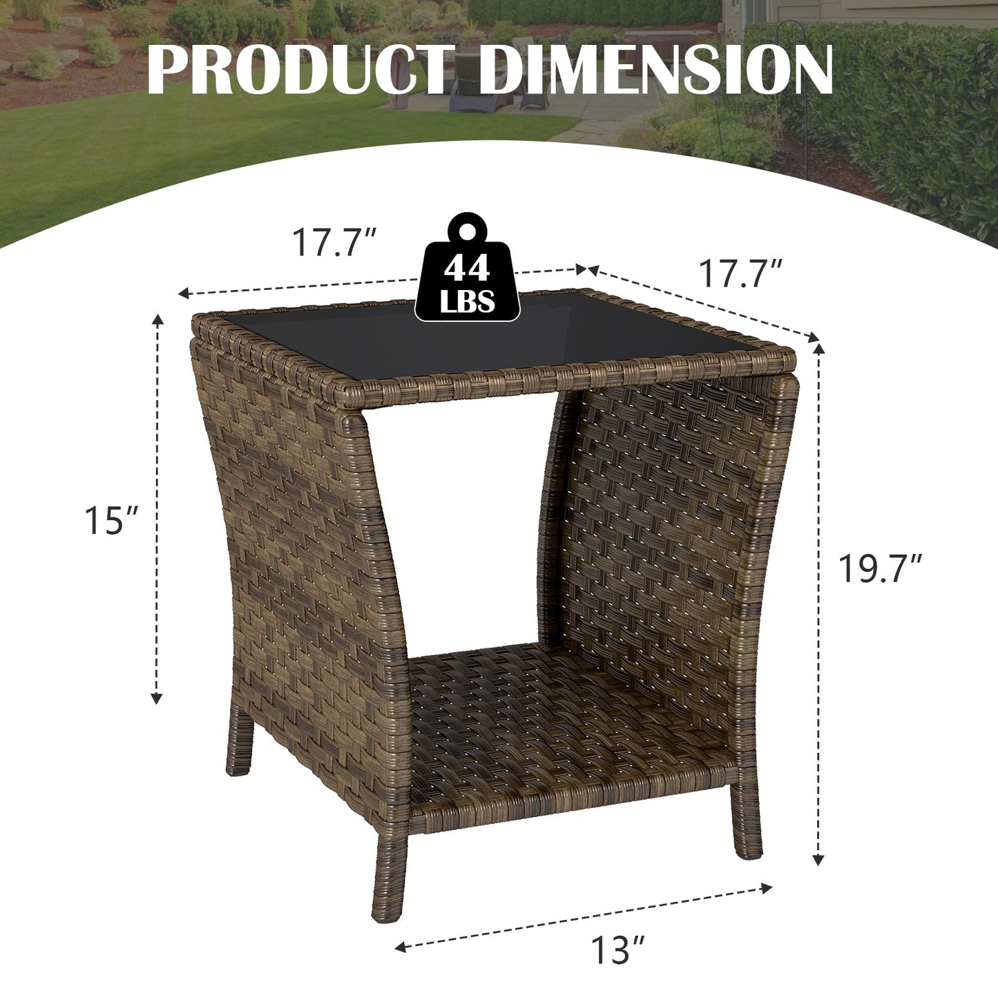 Elepude Outdoor Wicker Side Table Rattan Side Tables End Table for Patio with Glass Top Rattan Storage for Patio Garden Balcony