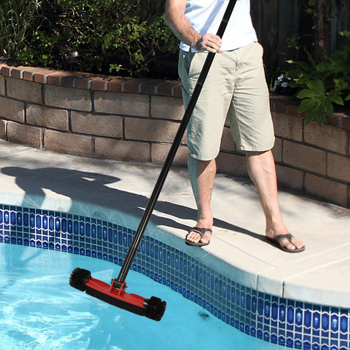 Pool Brush Head with Round Ends, Heavy Duty Pool Brushes for Cleaning Pool Walls, Floors Steps & Corners, 16" Pool Brush with Sturdy Aluminum Handle & Durable Nylon Bristles