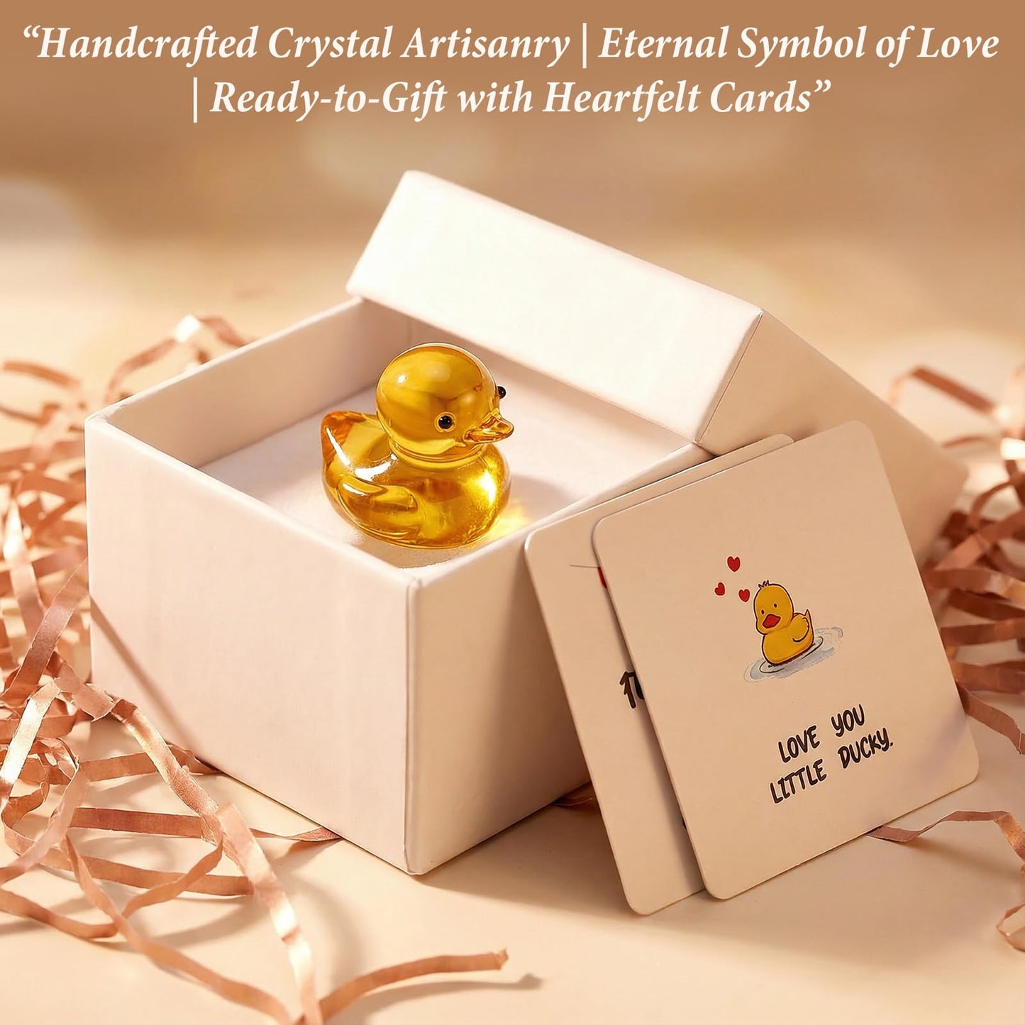 Ovveroche Yellow Glass Ducky Figurine, Mini 3D Crystal Duck Keepsake, Small Animal Ornament with Gift Box &Greeting Cards,Gift for Her, Mom, Daughter, Valentine Birthday Home Desk Decor