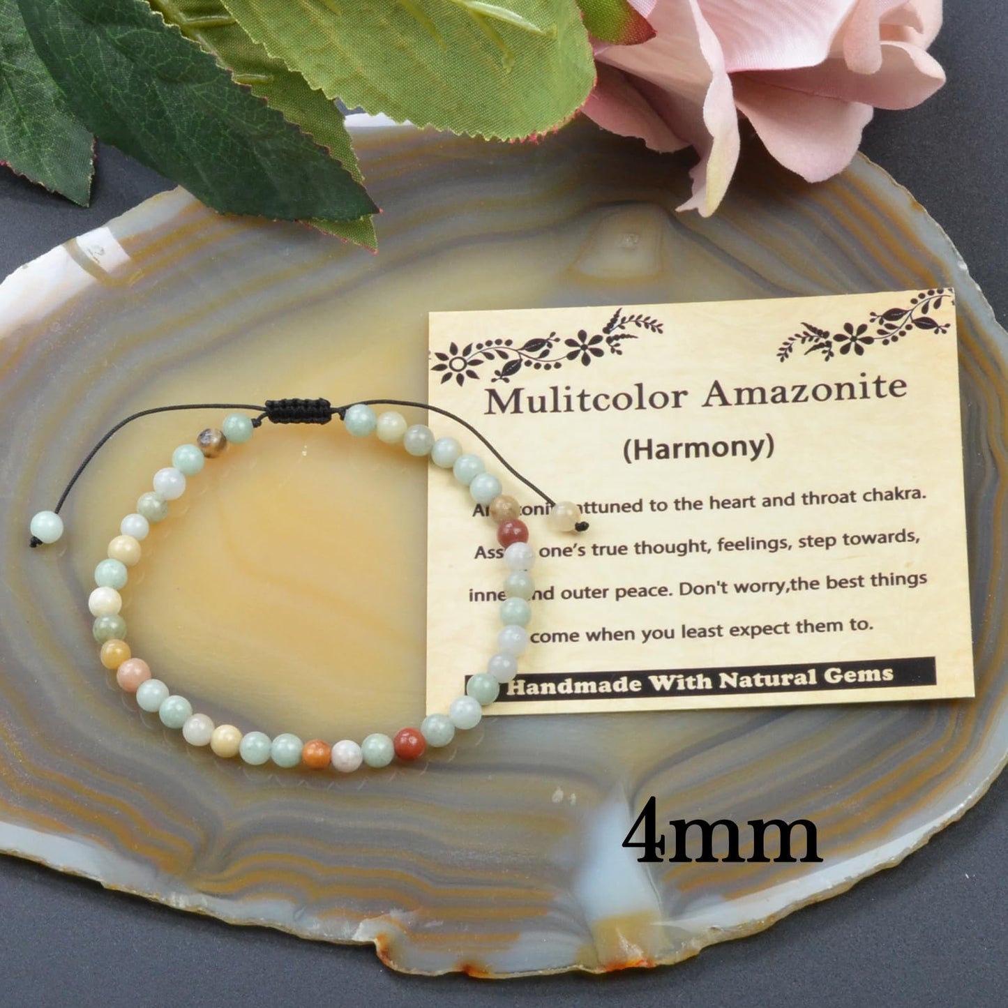 CHCCOYE 4mm Handmade Adjustable Natural Gemstone Crystal Bracelet Healing Power Energy Inspirational Gifts with Card for Unisex (Mulitcolor Amazonite)