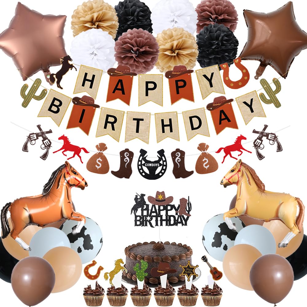 Western Cowboy Birthday Party Decoration, First Rodeo Retro Theme Party Supplies for Boys With Birthday Banner Horse Balloon Kit Star Balloons Tissue Pom Poms Cake Toppers