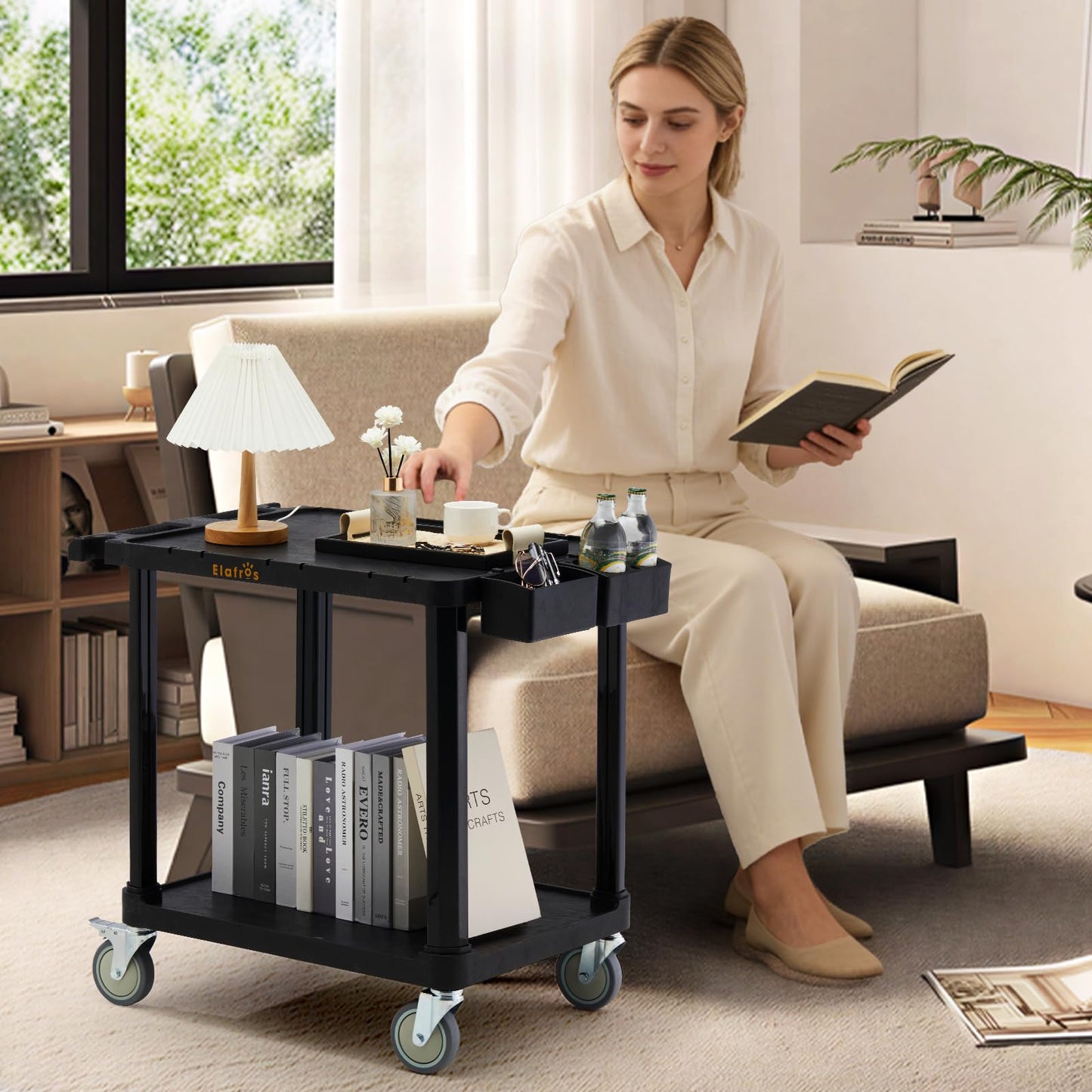 ELAFROS 2-Tier Low Profile Utility Cart, 27.8" x 18" x 26", Deep Shelves, 4” Swivel Wheels with 2 Lockable, Holds up to 330 lbs – Compact Rolling Storage & Service Cart for Office, Home, Garage