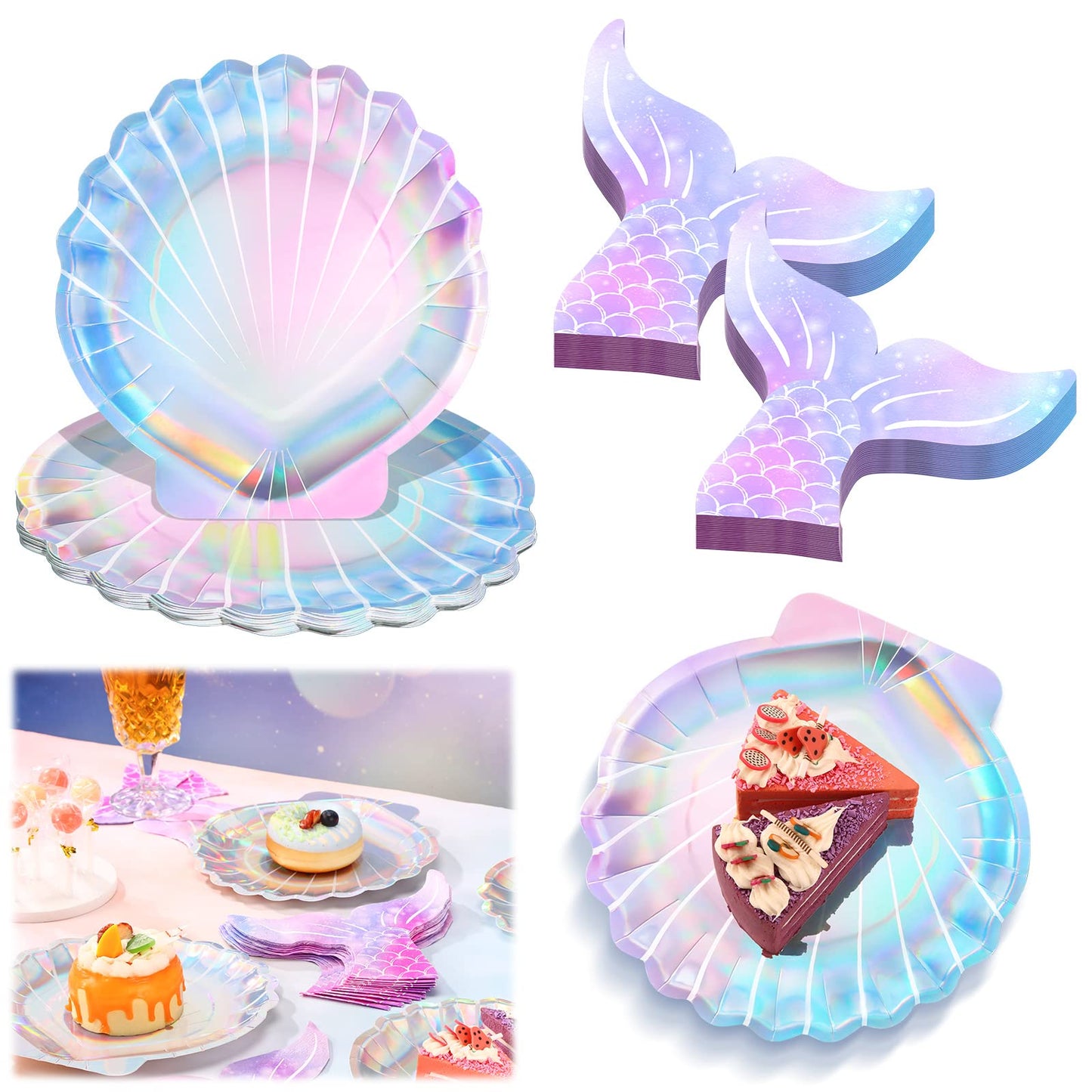 Qeeenar 100 Pcs Iridescent Mermaid Plates and Napkins Party Supplies Seashell Paper Plates Tail Napkins Under The Sea Ocean Party Decorations for Birthday Baby Shower