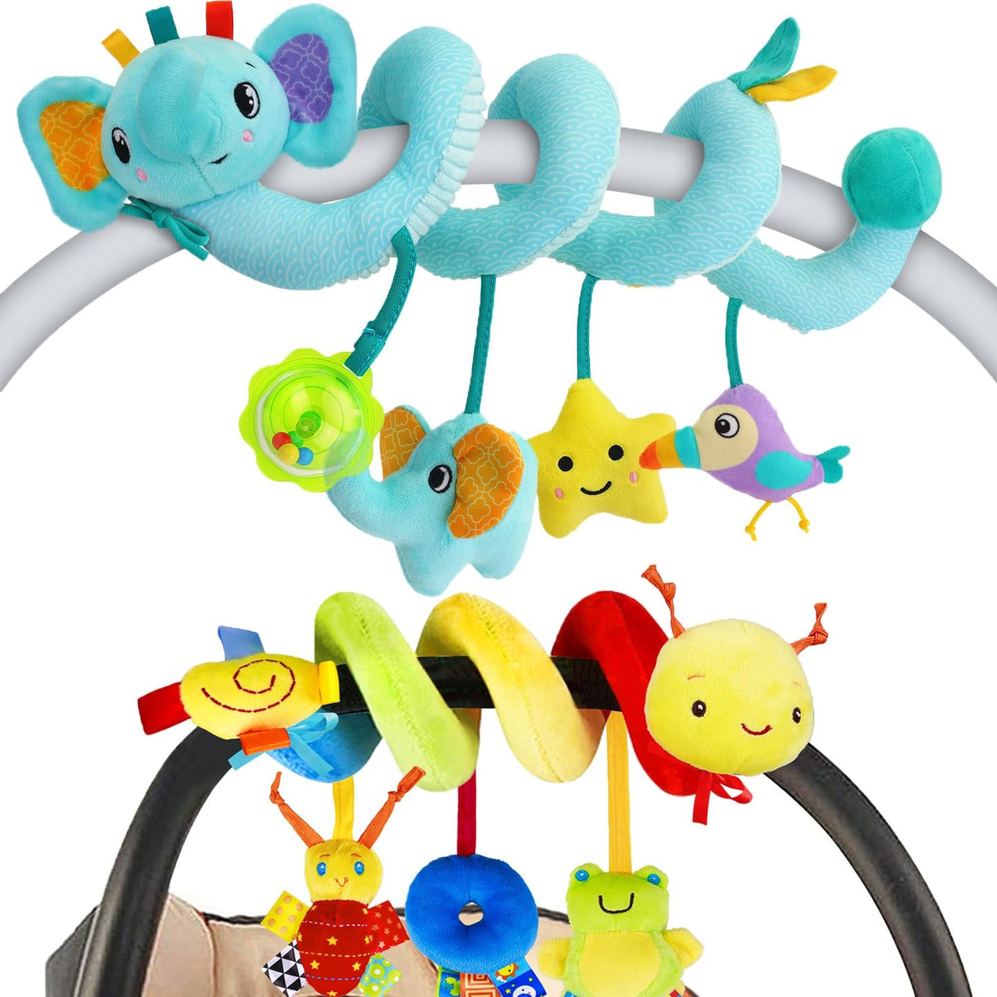 Spiral Car Seat Activity Toy, Stroller Arch Toy, Baby Crib Toys Hanging for Infant Boy Girl Ages 0-12 Months, Newborn Sensory Toy with Rattle, Squeaky, Ringing Bell for Bassinet, Stroller, Crib