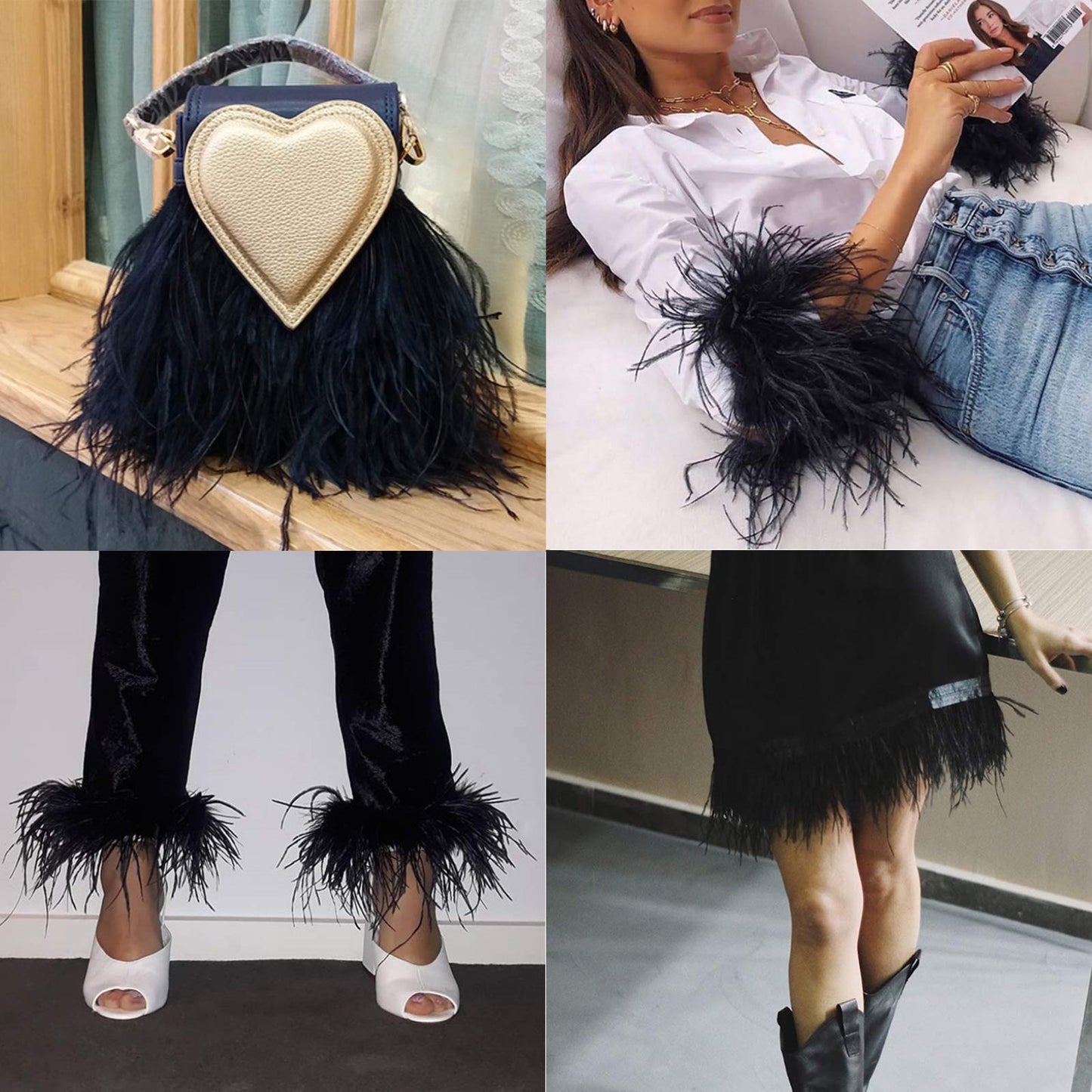 Natural Ostrich Feather Fringe Trim - Feathers Sewing Crafts Decor for Dress Costume 4-6 inches 2 Yards Erikord(Black)