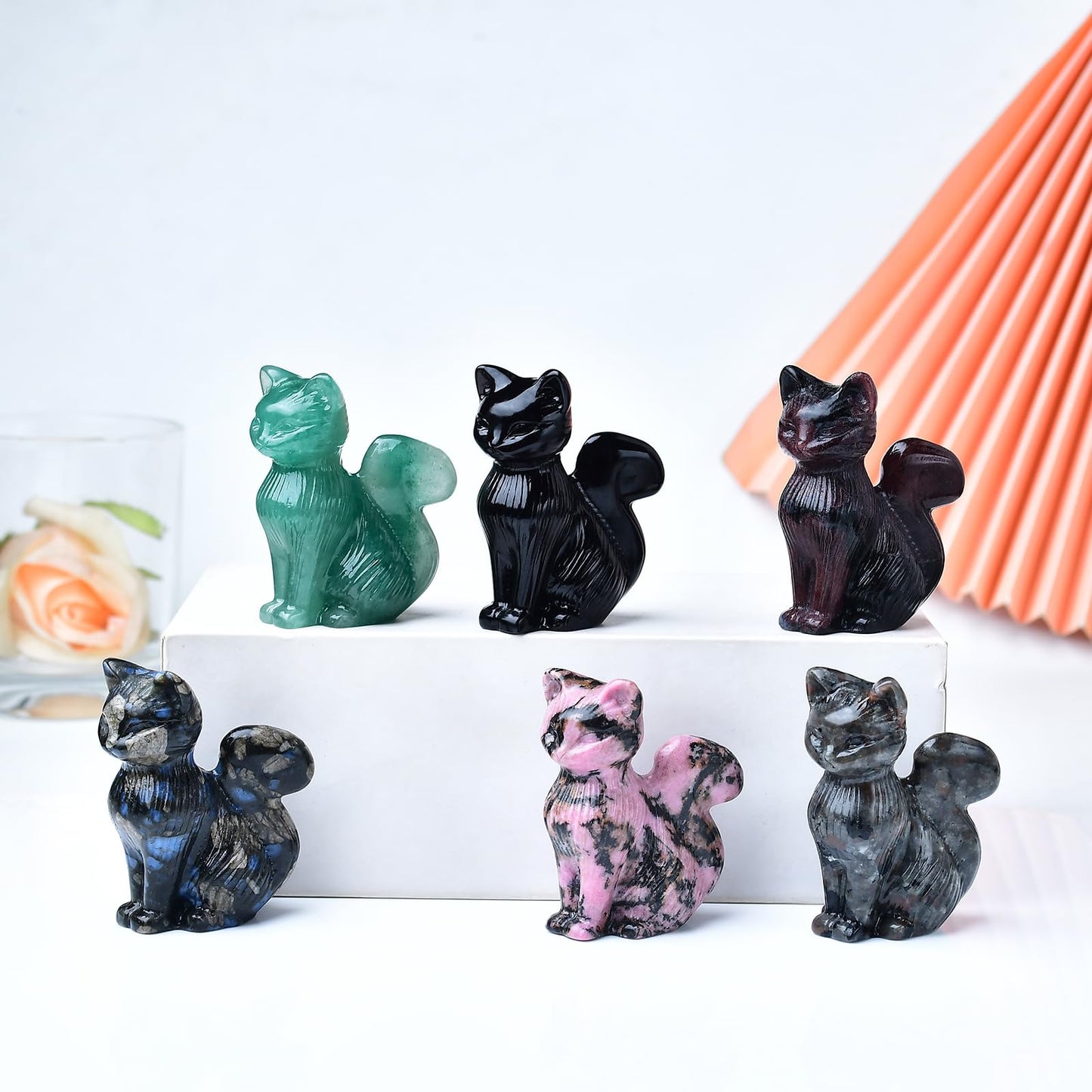 WUYOUSHI Natural Rhodonite Crystal Cat Statue 2.4 Inch - Handmade Healing Sculpture, Lucky Guardian Pocket Statue for Reiki Meditation, Office & Home Decoration Gift