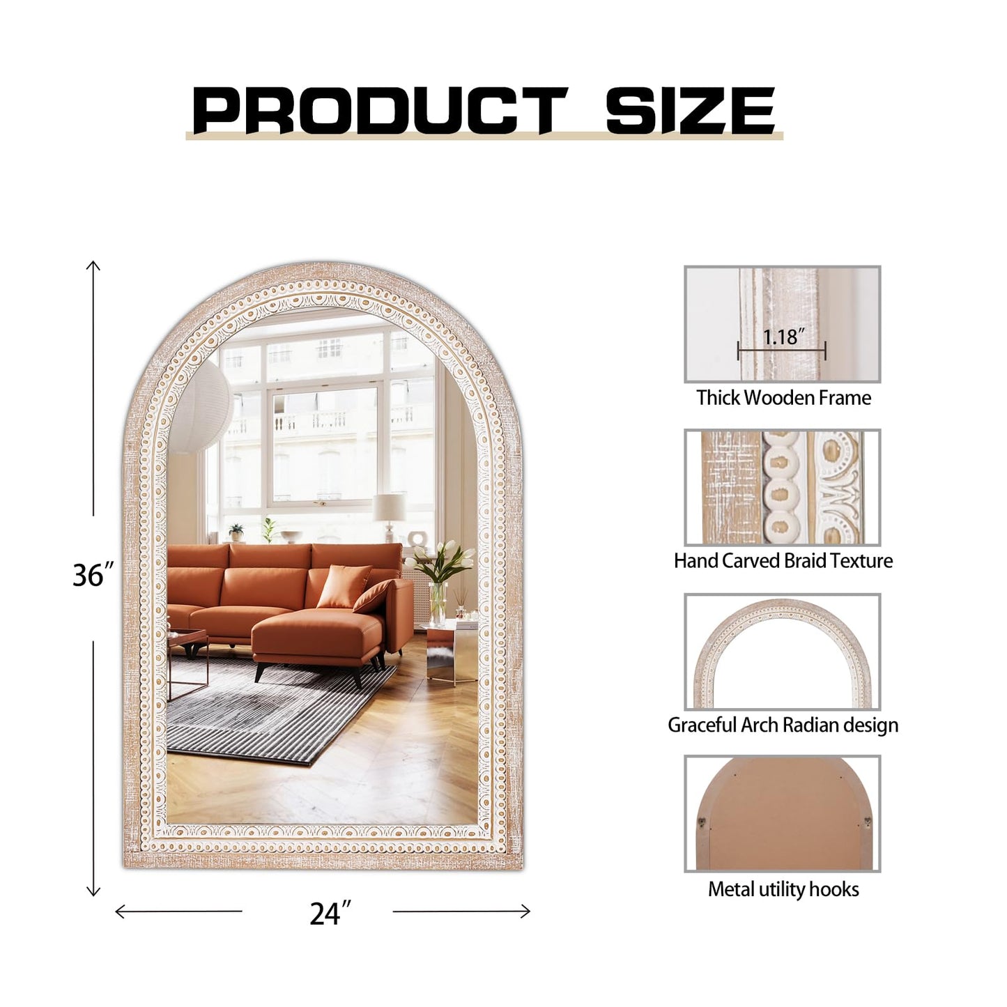 36x24 Inch Rustic Farmhouse Arched Wall Mirror, Boho Distressed Wooden Frame Decorative Arch Mirror for Bathroom Over Sink, Living Room, Entryway, Foyer