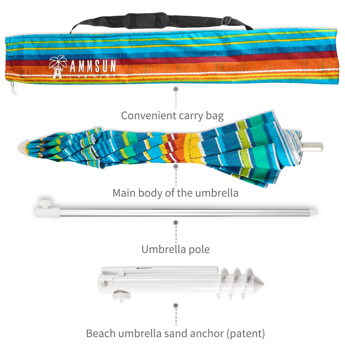 AMMSUN Beach Umbrellas for Sand Heavy Duty Wind Portable, 6.5ft Outdoor Umbrella with Sand Anchor and UV Protection, Parasols Includes Carry Bag for Beach, Patio, and Garden, Yellow Stripes