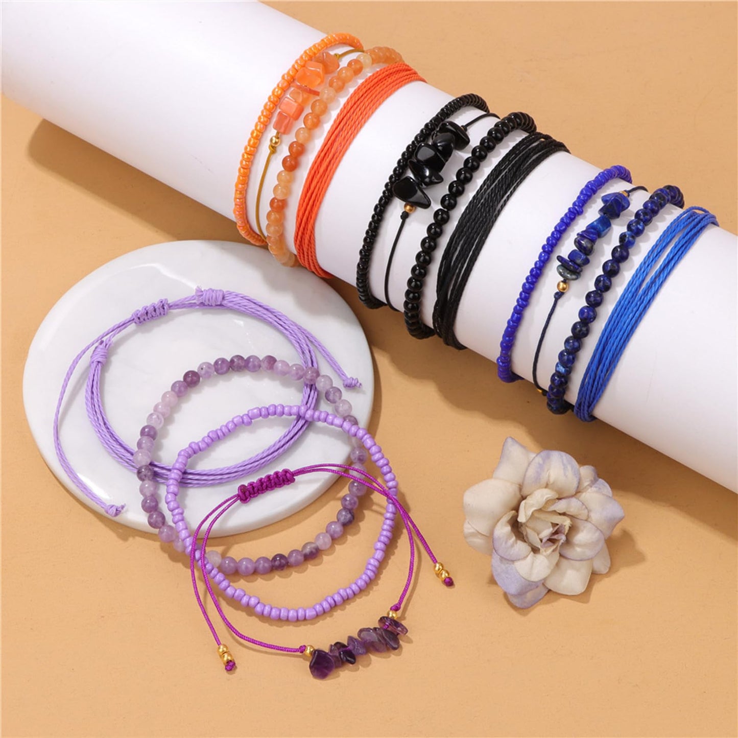 MORIANCE 4Pcs Garnet Bracelet for Women Garnet Healing Crystal Bracelets Boho Bead Bracelet Handmade Red Natural Stone Bracelets Red Jewelry for Women