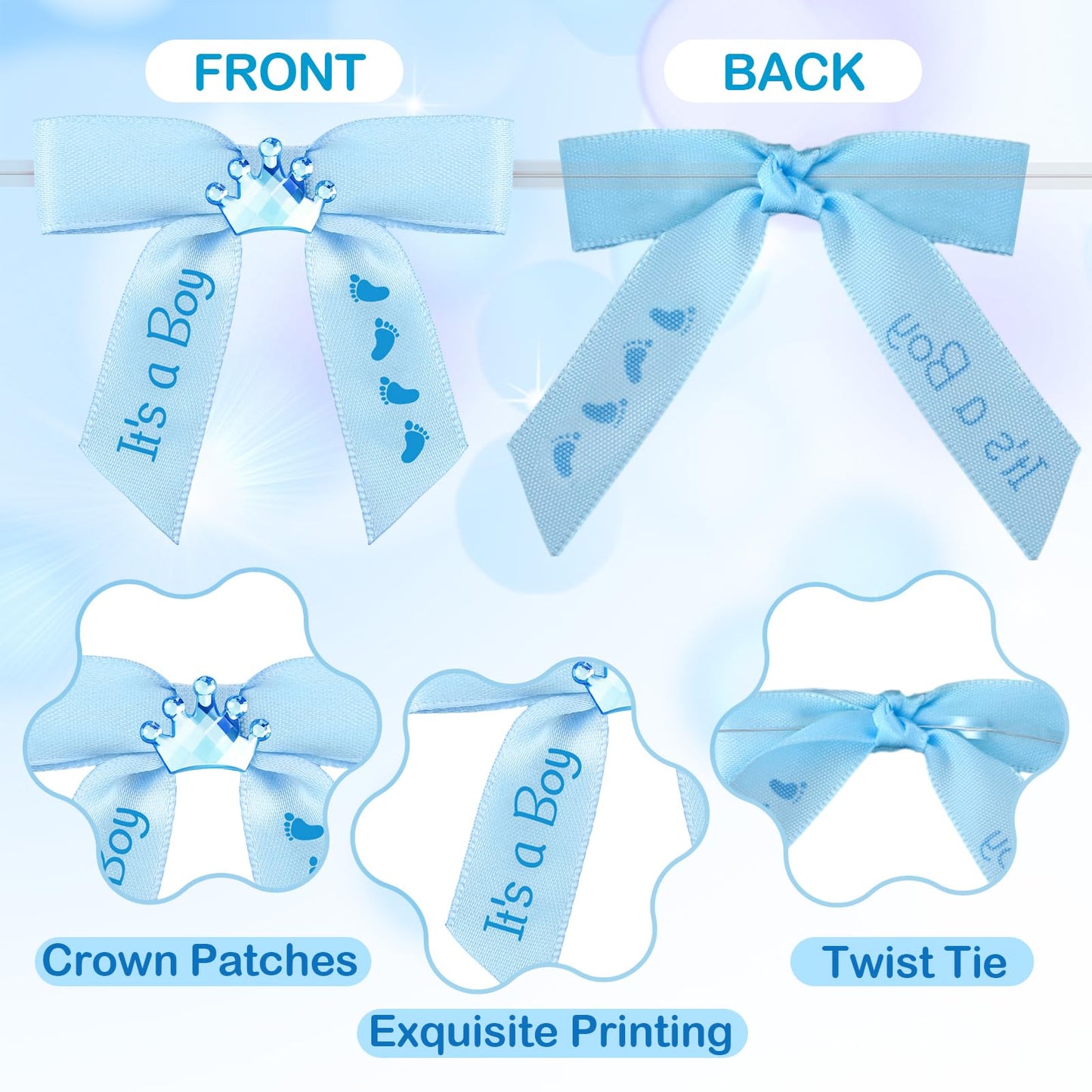Wavwavw 100 Pcs Baby Shower Satin Ribbon Twist Tie Bows 2.5" Pre Tied Craft Bow Baby Foot Print Ribbon Bows for Baby Shower Birthday Party Treat Bags Gift Wrapping Basket Decor (Baby Blue)