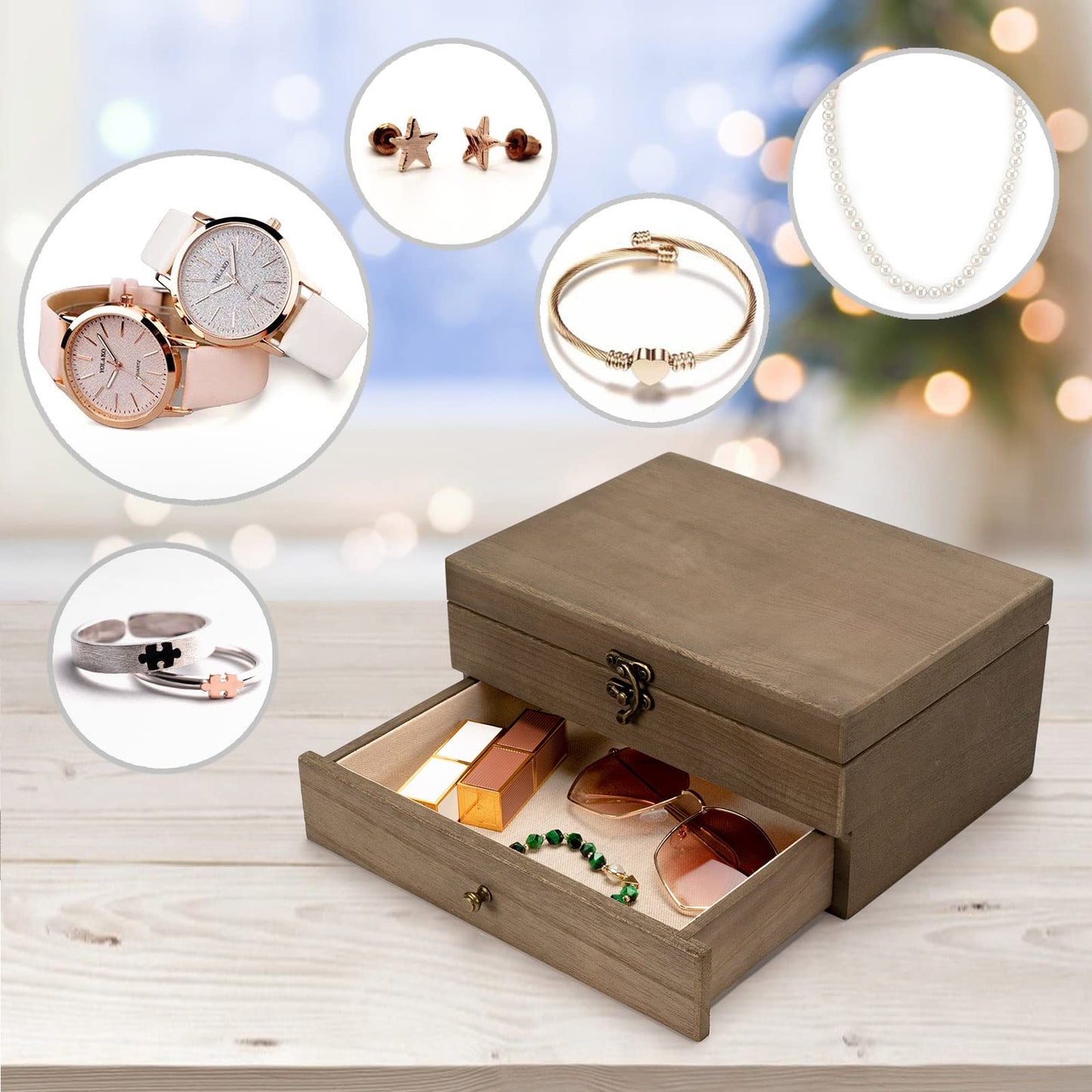 Pinzoveco Jewelry Box for Women, Rustic Wooden Jewelry Organizer Box for Storage Earrings Rings Necklace Bracelet, Farmhouse Style Wood Jewelry Boxes & Organizers (Gray)