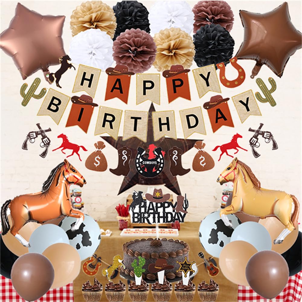 Western Cowboy Birthday Party Decoration, First Rodeo Retro Theme Party Supplies for Boys With Birthday Banner Horse Balloon Kit Star Balloons Tissue Pom Poms Cake Toppers
