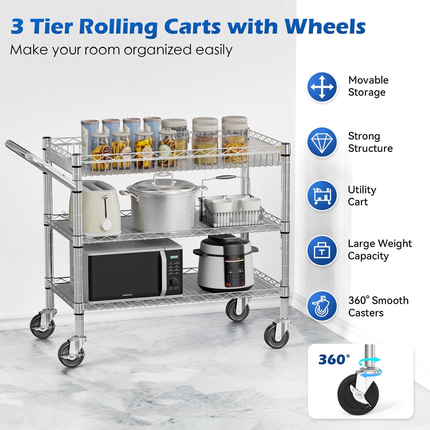 NTE Utility Cart with Wheels, 990lbs Capacity Metal 3 Tier Rolling Carts, NSF Kitchen Carts On Wheels with Storage, Heavy Duty Utility Cart with Handle & Wire Shelf for Indoor & Outdoor Use, Silver