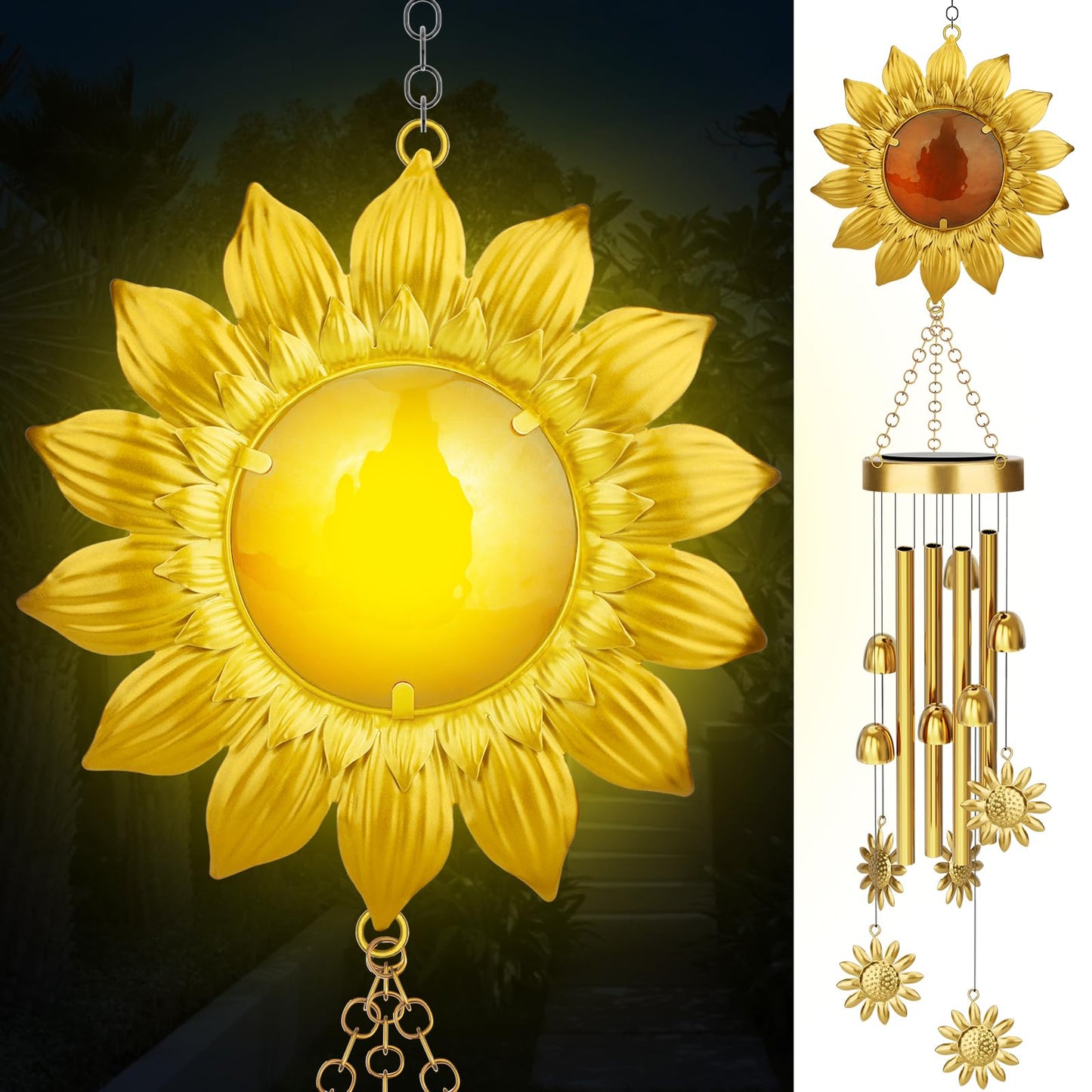 JYPS Solar Wind Chimes with Sunflower LED Lights, 42-Inch Large Waterproof Outdoor Garden Decor for Patio Yard, Unique Gifts for Women Mom Grandma, Mother's Day Christmas Birthday Easy-Install Design