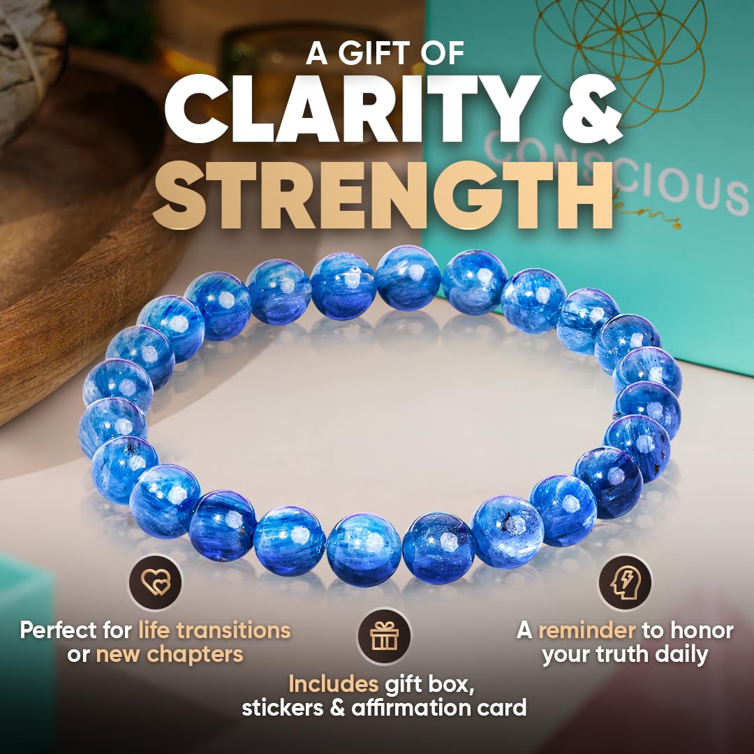 Conscious Items My Truth, My Power Crystal Bracelet, Rare Blue Kyanite Stone Bracelet for Clarity, Calm, & Authentic Self-Expression, Chakra Bracelets for Men & Women, Blue Beaded Bracelets