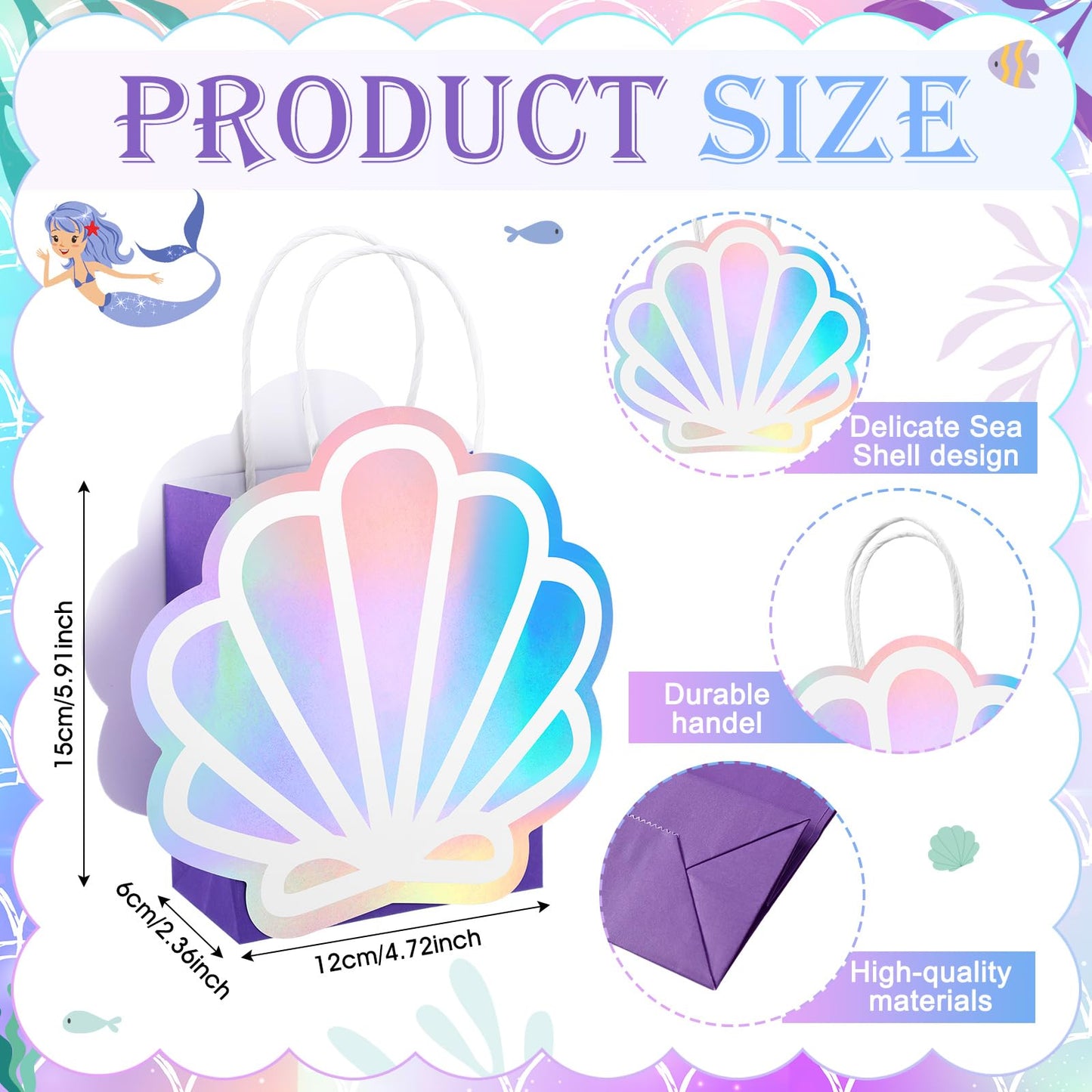 Locmeo 12 Pack Holographic Sea Shell Gift Bags Mermaid Party Favor Bags with Iridescent Shell Paper Cards for Mermaid Themed Supplies Ocean Under The Sea Party Favors