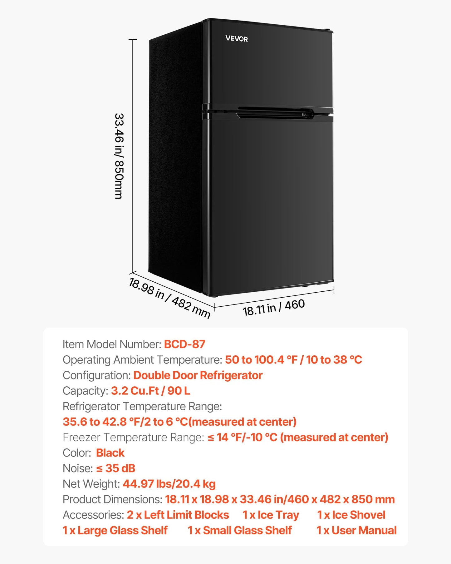 VEVOR 3.2 Cu.Ft Mini Fridge with Freezer, Dual Zone Compact Refrigerator, 3-Mode Adjustable Temperature, Energy Efficient Small Fridge, Reversible Door, Low Noise, for Bedroom, Dorm, Office, Black