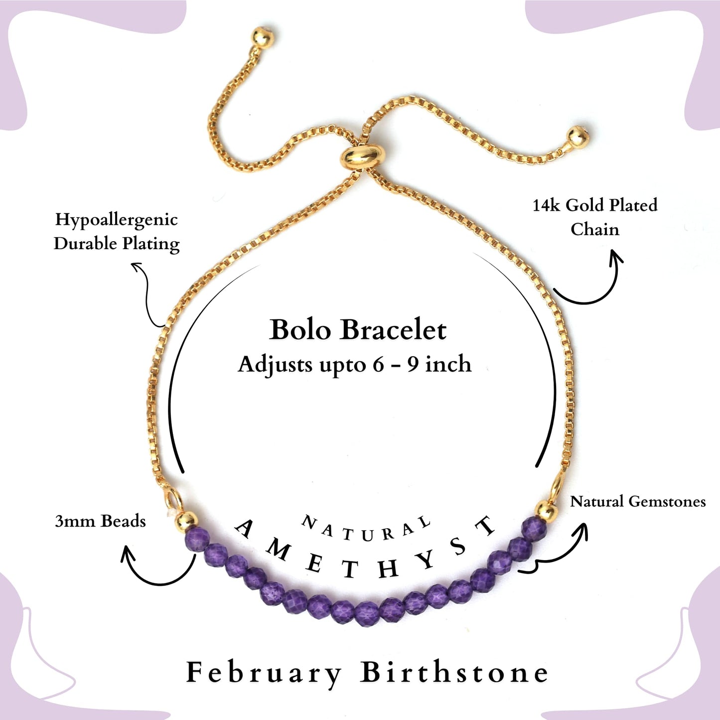 Gempires February Birthstone Jewelry for Women, Birthstone Beaded Bracelet, Amethyst Bracelet, Bolo Beads Bracelet, 14k Gold Plated Chain (6-9 inch Adjustable Length)