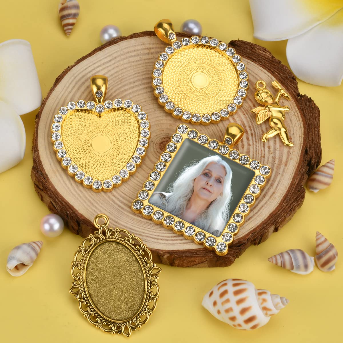 50PCS Wedding Bouquet DIY Photo Charm Rhinestone Pin Brooch Making Kit Memorial Picture Charm with Clear Glass Cabochons Cupid Pendant Jump Rings for Craft Jewelry Making