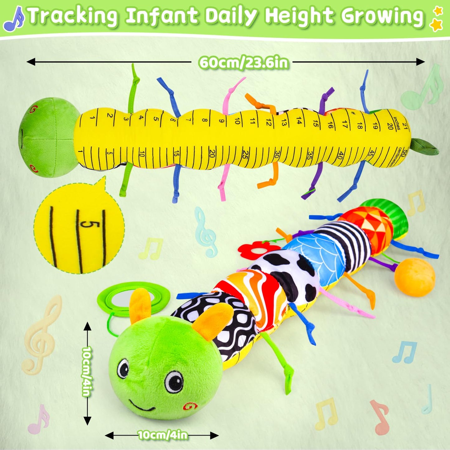 Vpkefla Baby Toys 0-6 6-12 Months, Stuffed Animal Infant Tummy Time Toys Sensory Toys with Crinkle, Rattles, Textures and Mirror Gifts for Newborn Boy Girls Toddlers, Caterpillar Musical Toy (Green)