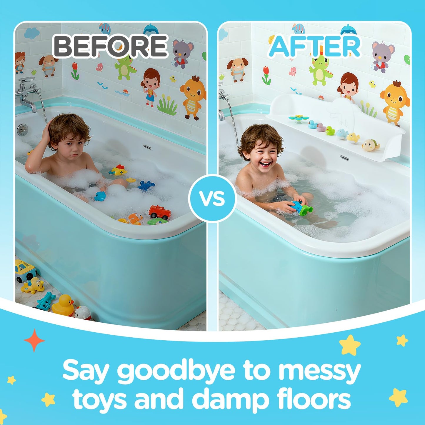 3FT Dolphin Pattern Bathtub Splash Guard Play Shelf for the Wide &Straight Bathtub Edge Toy Tray Caddy Holder Storage Suction Cups Attach to Bath Tub No Mess Water Spill in Bathroom (White)