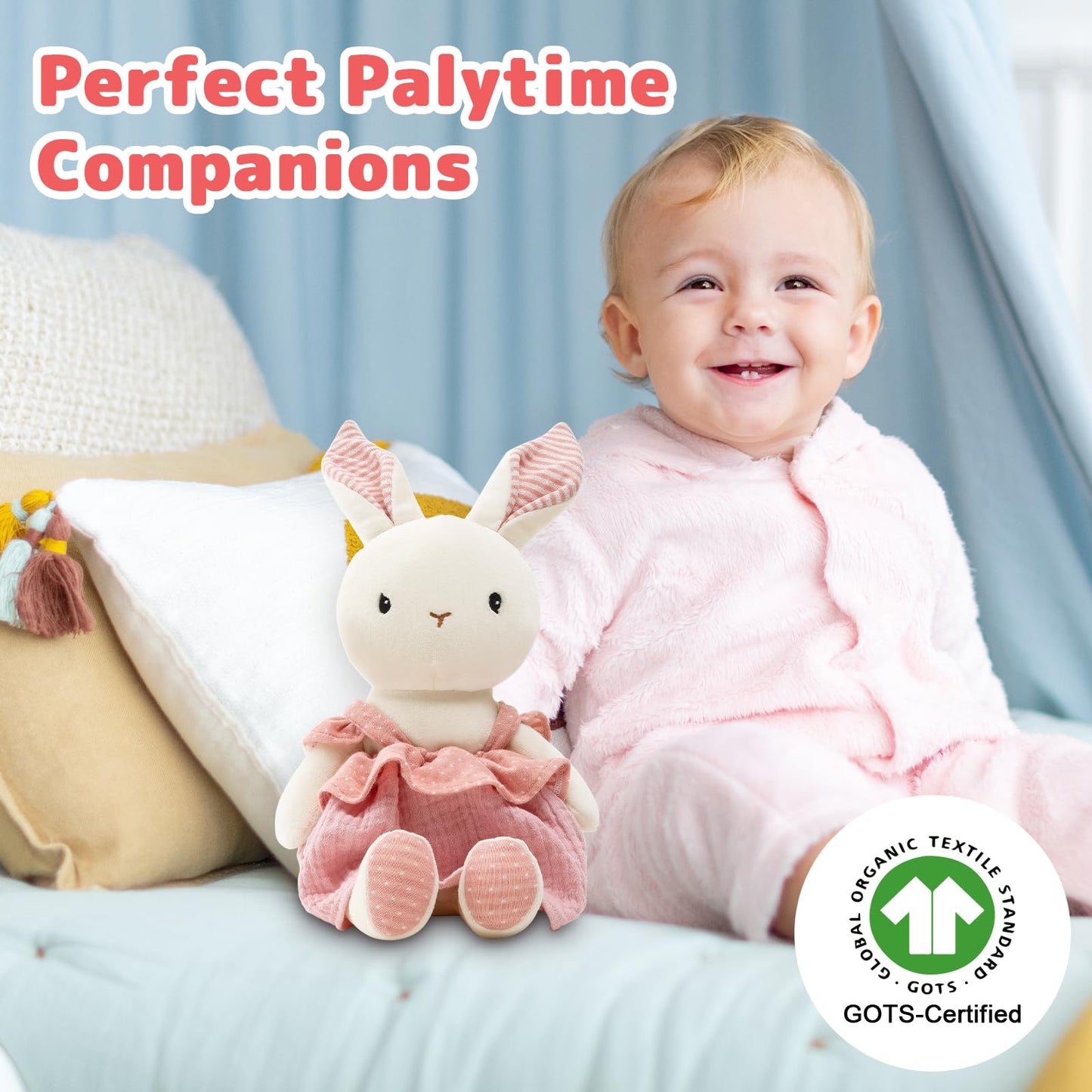 CUDDLE CORNER Bunny Stuffed Animal Organic Cotton Baby Plush Toys, 9" Organic Cotton Plush Bunny Toy with Dress, Cute Soft Stuffed Rabbit Doll for Babies and Toddlers
