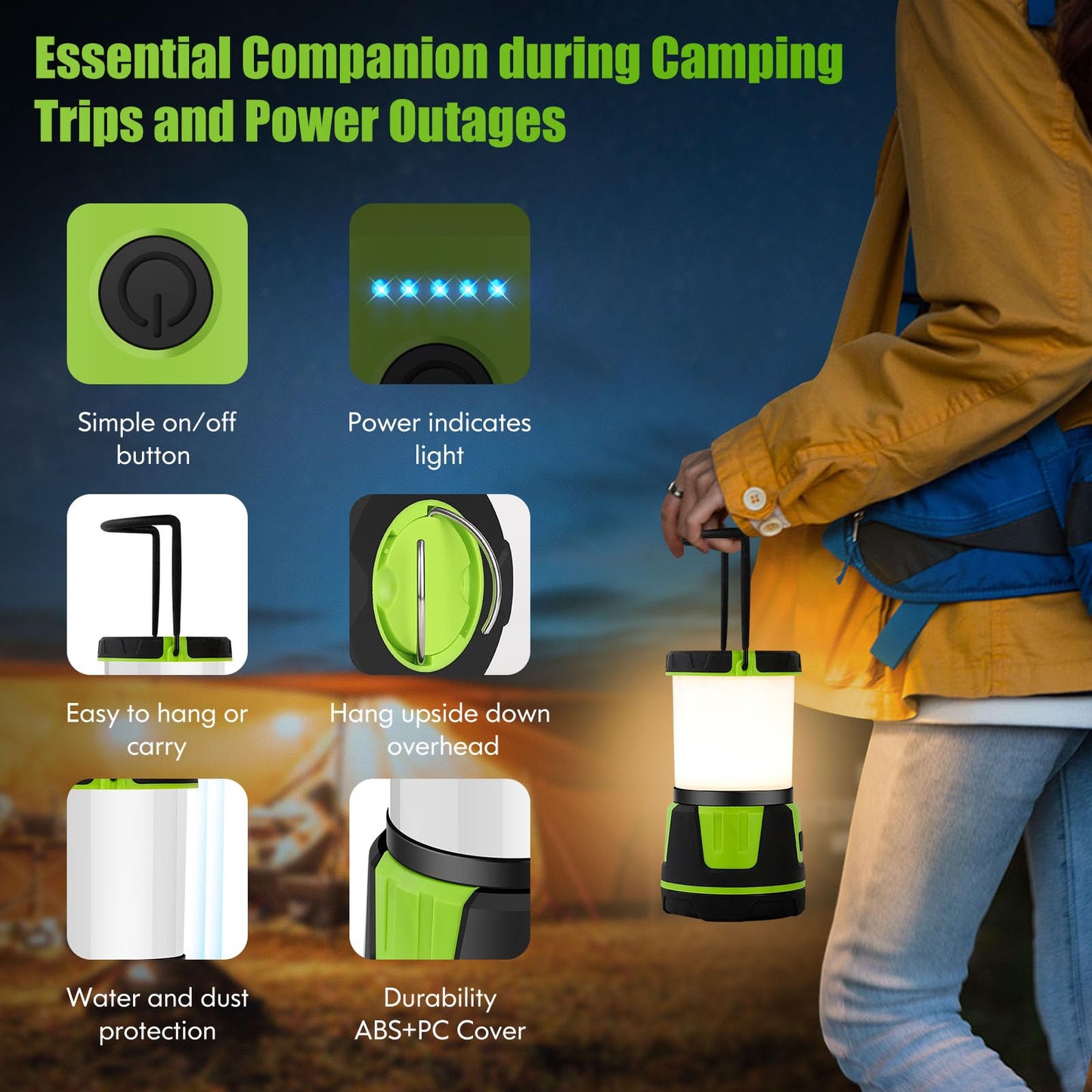 Rechargeable LED Lantern - 3000 Lumens, 5 Light Modes, IP54 Waterproof, 7500mAh Battery, Portable Flashlight for Camping, Hiking, Power Outages & Emergencie (Green)