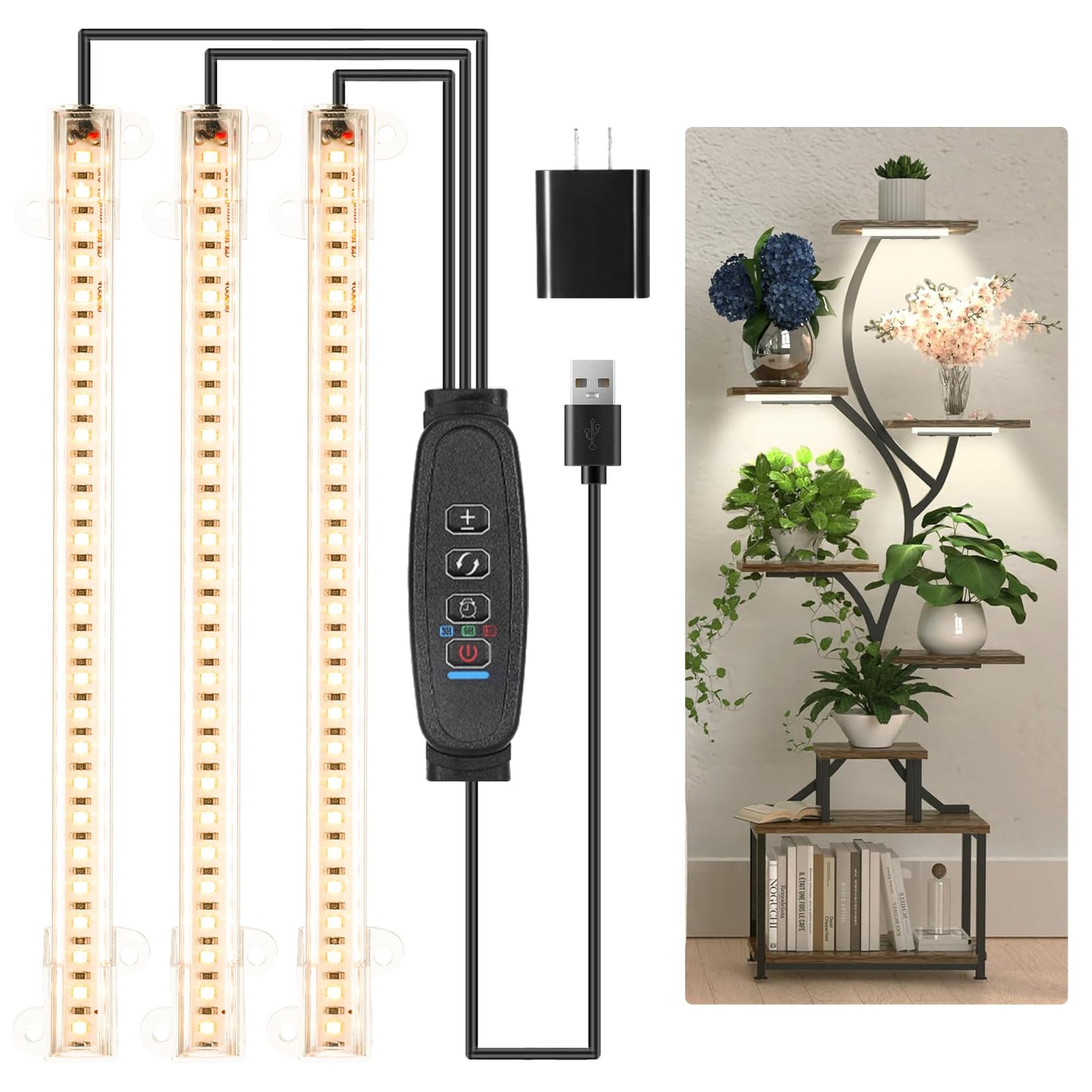 8.6'' LED Grow Light Strips, Full Spectrum 3500K Grow Lights for Indoor Plants, 3 Head with 3/9/12H Timer, 10 Dimmable Levels, Suitable for Seedling, Succulent, Plant Shelf and Greenhouse, 1-Pack