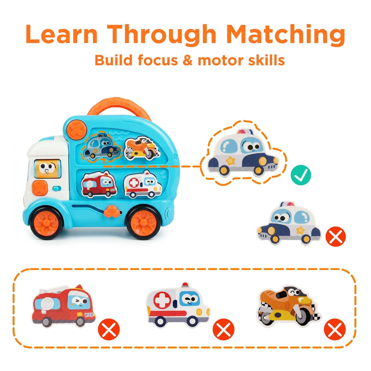 iPlay, iLearn Toddler Bus Toy W/ 3D Matching Puzzle & Car Slide, Baby Musical Push Go Car W/Sound, Montessori Learning Vehicle Match Game, Birthday Gift 18 24 Month 1 2 3 Year Old Infant Kid Boy Girl