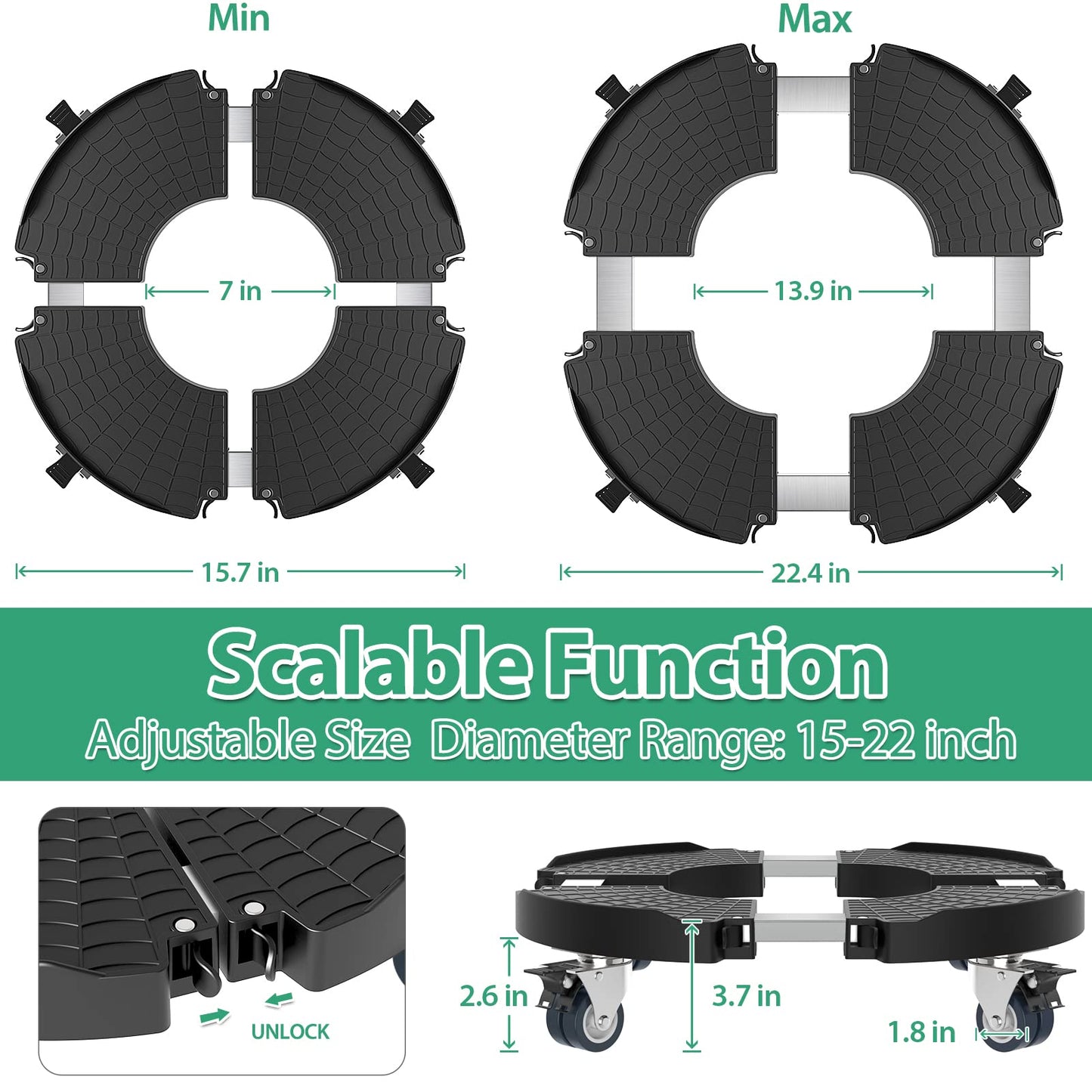 VANCASTLE Plant Caddy with Lockable Wheels Heavy Duty 450lbs Capacity, 15-22 Inch Adjustable Plant Stand with Wheels Rolling base, Plant Dolly for Flower Pot Mover Indoor Outdoor, Black, 1 Pack