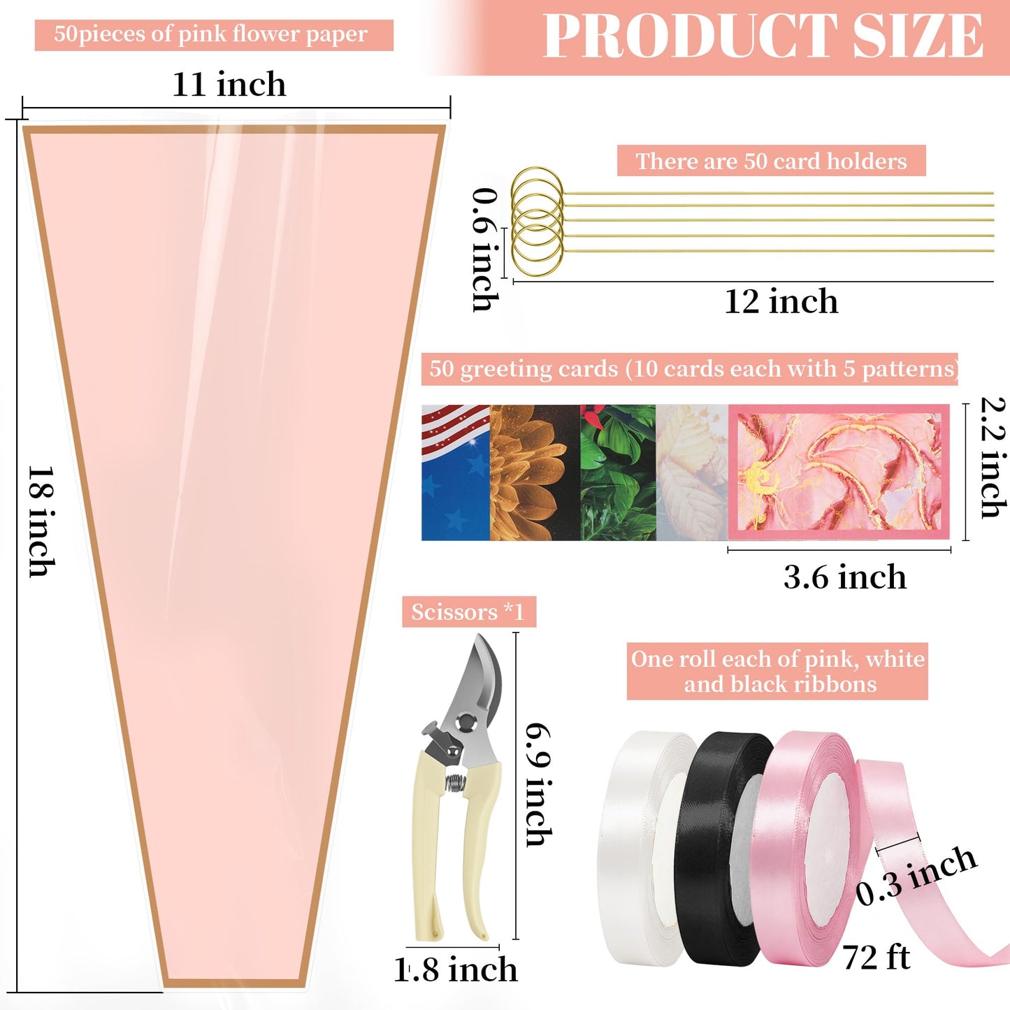 50 Sheets 18" x 11" Pink Flower Bouquet Wrapping Bags Plastic Paper Sleeves, Total 154Pcs RibbonsX3 Pruning ShearsX1 Card HolderX50 CardsX50 Floral Bouquets Bag for Flowers Bar Graduation Wedding