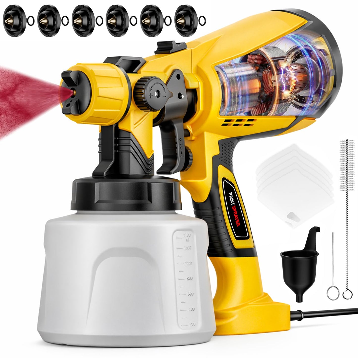 Paint Sprayer Indoor Outdoor, 1000W Electric Handheld HVLP Spray Paint Gun with 3 Patterns 6 Nozzles, Easy to Clean & Use, Stain Sprayer for House Painting, Furniture, Cabinets, Walls, Doors, Fences