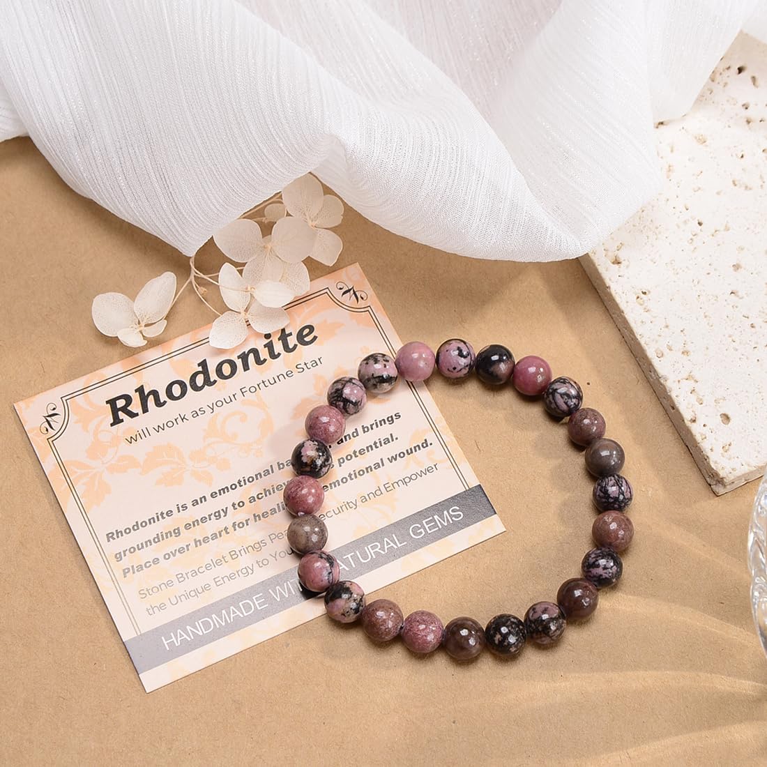 MASSIVE BEADS Pink Black Rhodonite - Stone of Fortune - Handmade Yoga Stretch Elastic Bracelet Natural Stone Crystal Healing Power Energy Gifts for Unisex Adult 6mm
