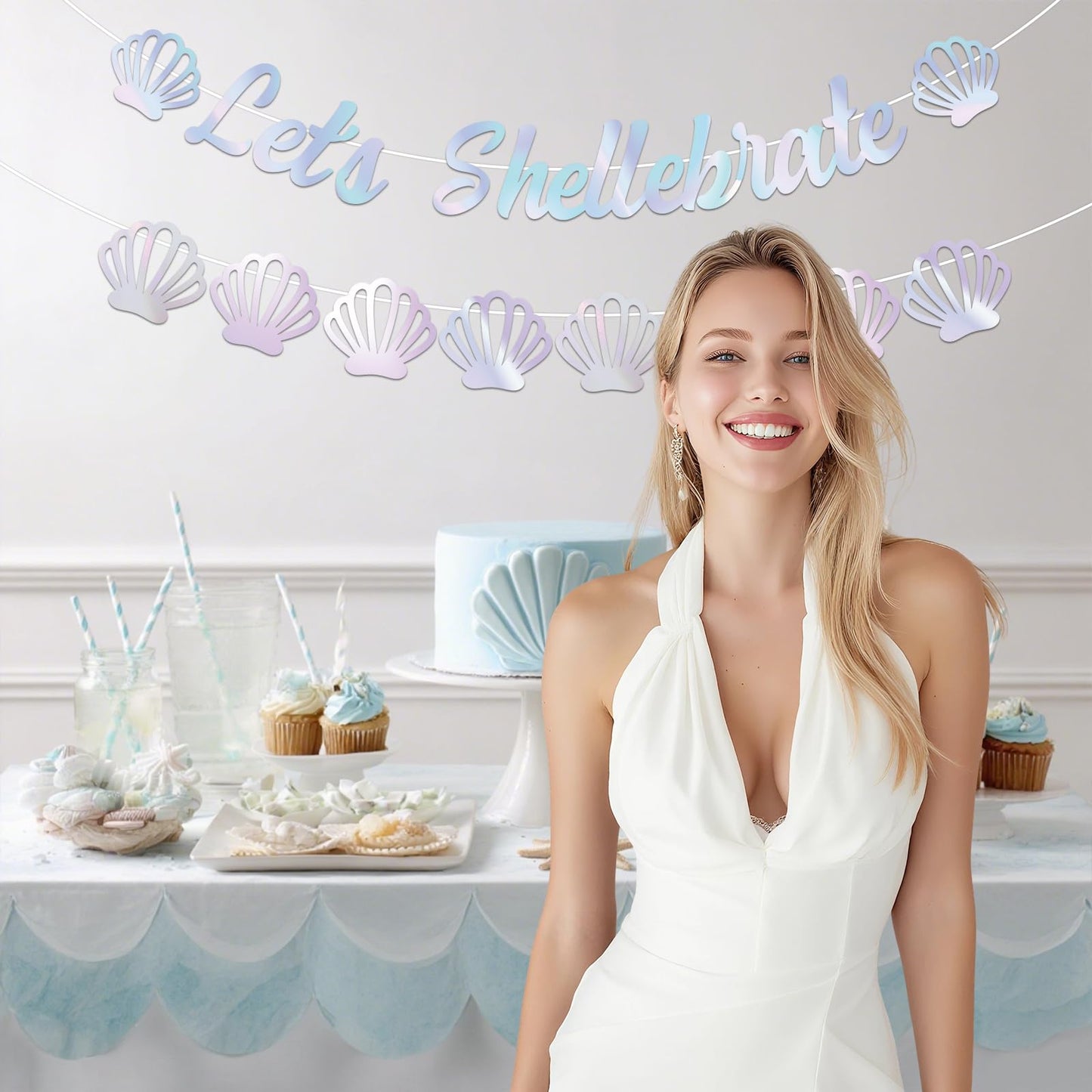 Let's Shellebrate Banner Iridescent Sea Shell Party Banner Under the Sea Mermaid Shell Garland for Girls Women Birthday Baby Shower Coastal Bachelorette Party Wedding Supplies