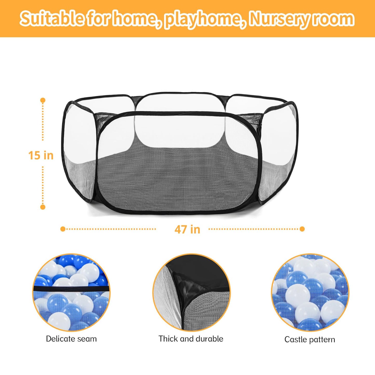 STARBOLO Kids Ball Pit Play Tent, Children Ball Pit Tent Foldable Ball Pits for Toddlers Ball Pool Crawl Fence Indoor Outdoor for Boys Girls,Balls Not Included (Black)