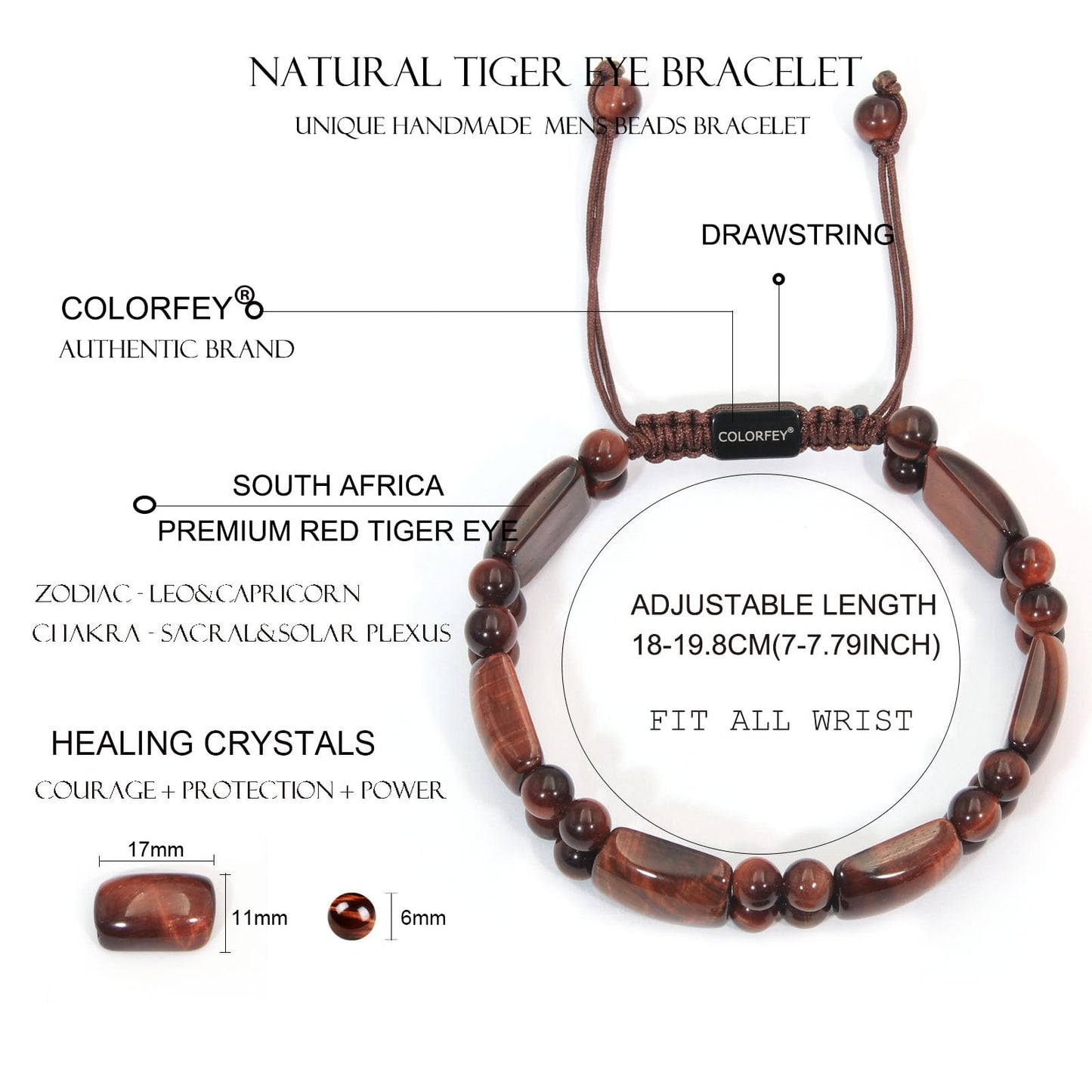 COLORFEY Mens Bracelet Beaded Tiger Eye Bracelets Real Red Tiger Eye Stone Bracelet Unique Gifts for Men Protection Crystal Bracelet, Premium Handmade Beads Bracelets Masculine Jewelry for Him