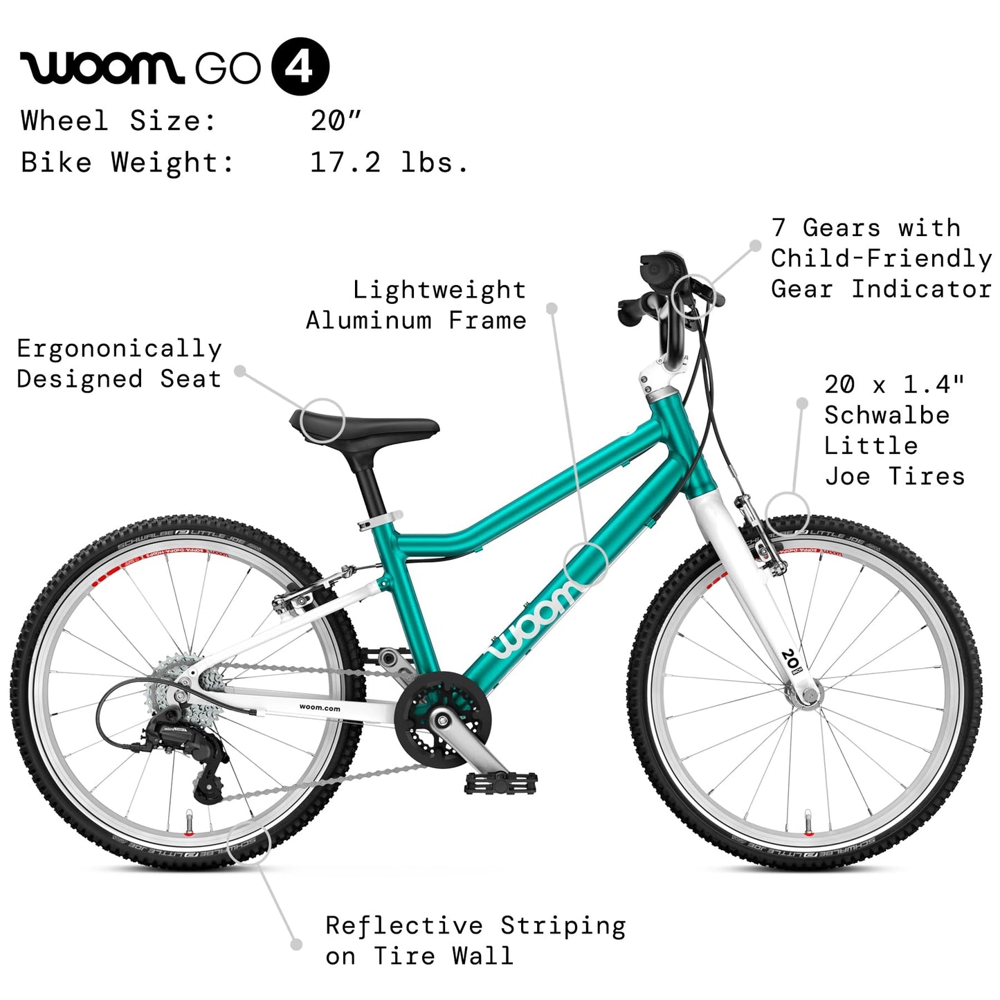 woom GO 4 Bicycle for Kids 6 to 8 Years Old, 20-Inch Lightweight 7-Speed Bike for Beginner Riders with Handbrake for Boys & Girls - Metallic Turquoise