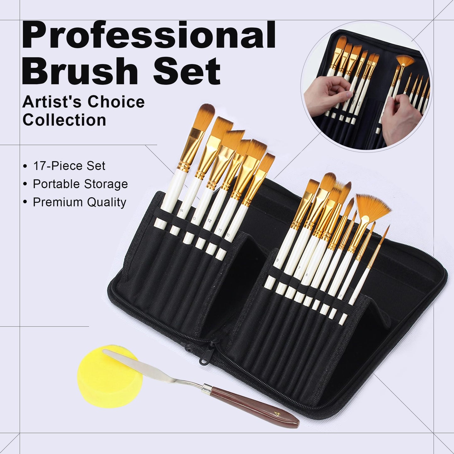 JYN-ANREN 17Pcs Paint Brush Set with Palette Knife & Sponge, Standing Storage Case as Brush Holder, Professional Artist Brushes for Acrylic, Oil, Watercolor