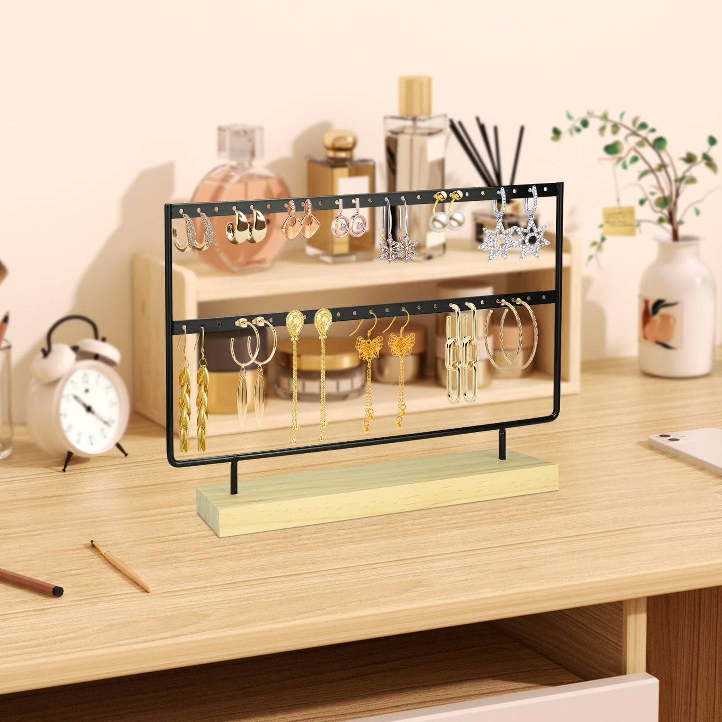 FjiProu Jewelry Organizer Stand, Double Layer Necklace Holder with Tray, Jewelry Tree Stand for Bracelet Necklaces Earrings Rings Bracelet Earring Storage Vanity Dresser Bathroom Sink Dorm Room Black